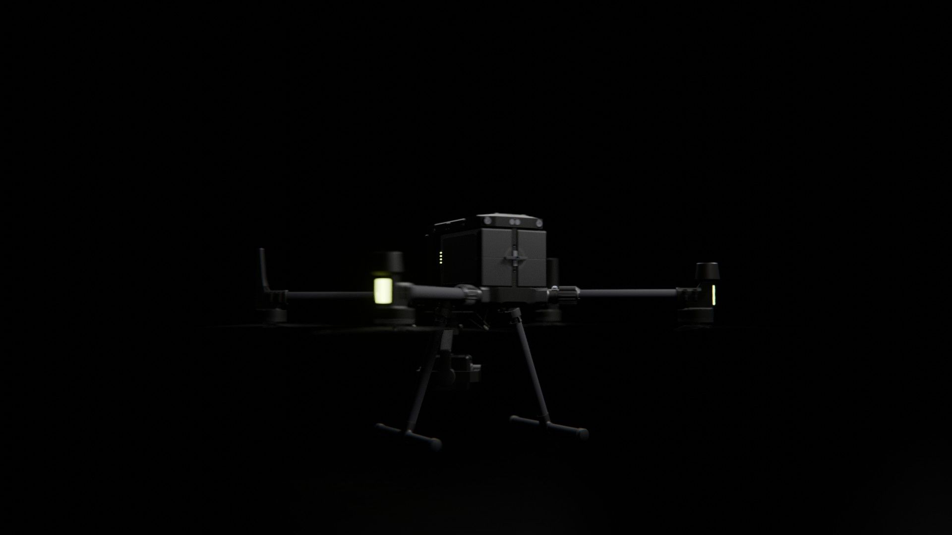 Bild 2 von vielen aus der 360-Grad-Ansicht einer professionellen DJI Enterprise Industrie-Drohne vor schwarzem Hintergrund mit violetter Beleuchtung.