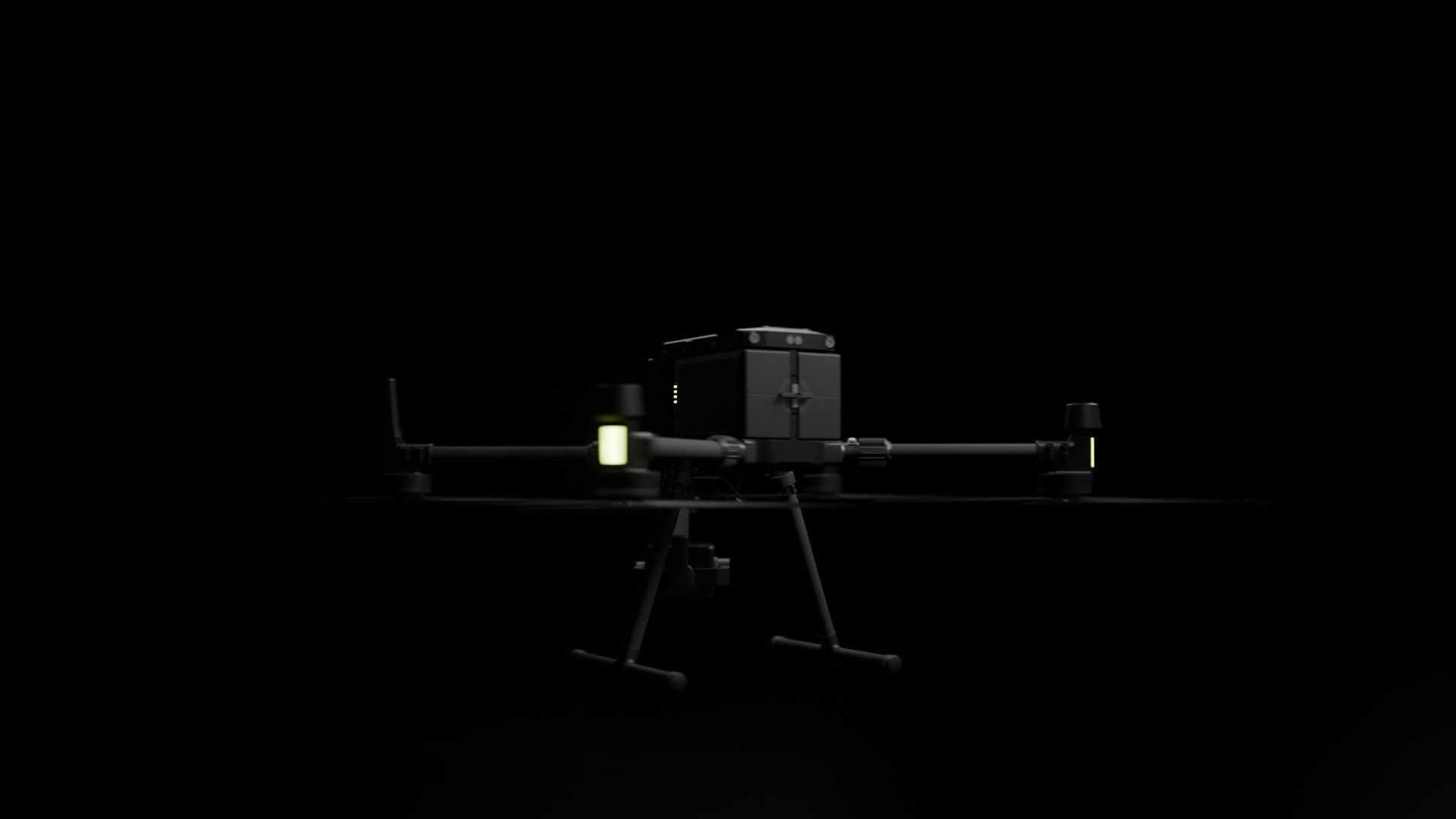 Bild 3 von vielen aus der 360-Grad-Ansicht einer professionellen DJI Enterprise Industrie-Drohne vor schwarzem Hintergrund mit violetter Beleuchtung.