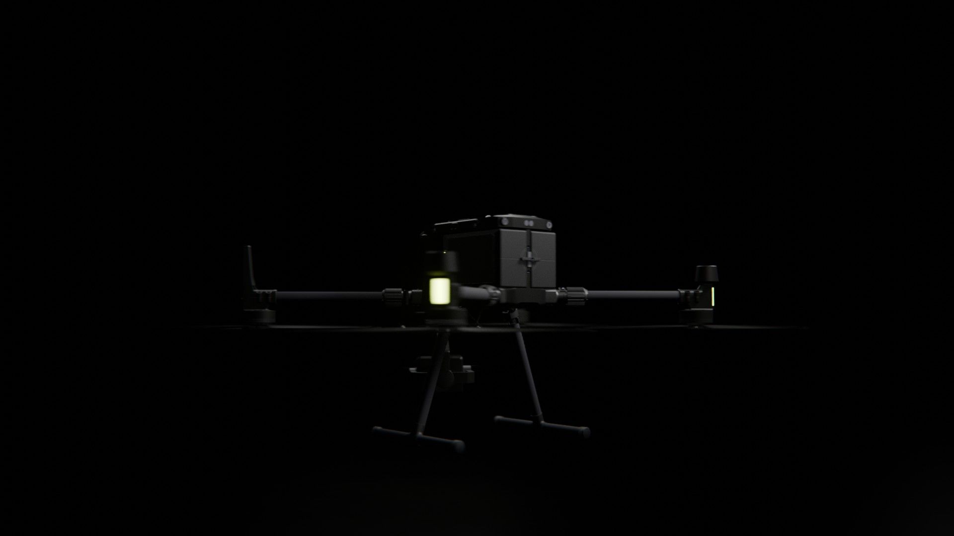 Bild 5 von vielen aus der 360-Grad-Ansicht einer professionellen DJI Enterprise Industrie-Drohne vor schwarzem Hintergrund mit violetter Beleuchtung.
