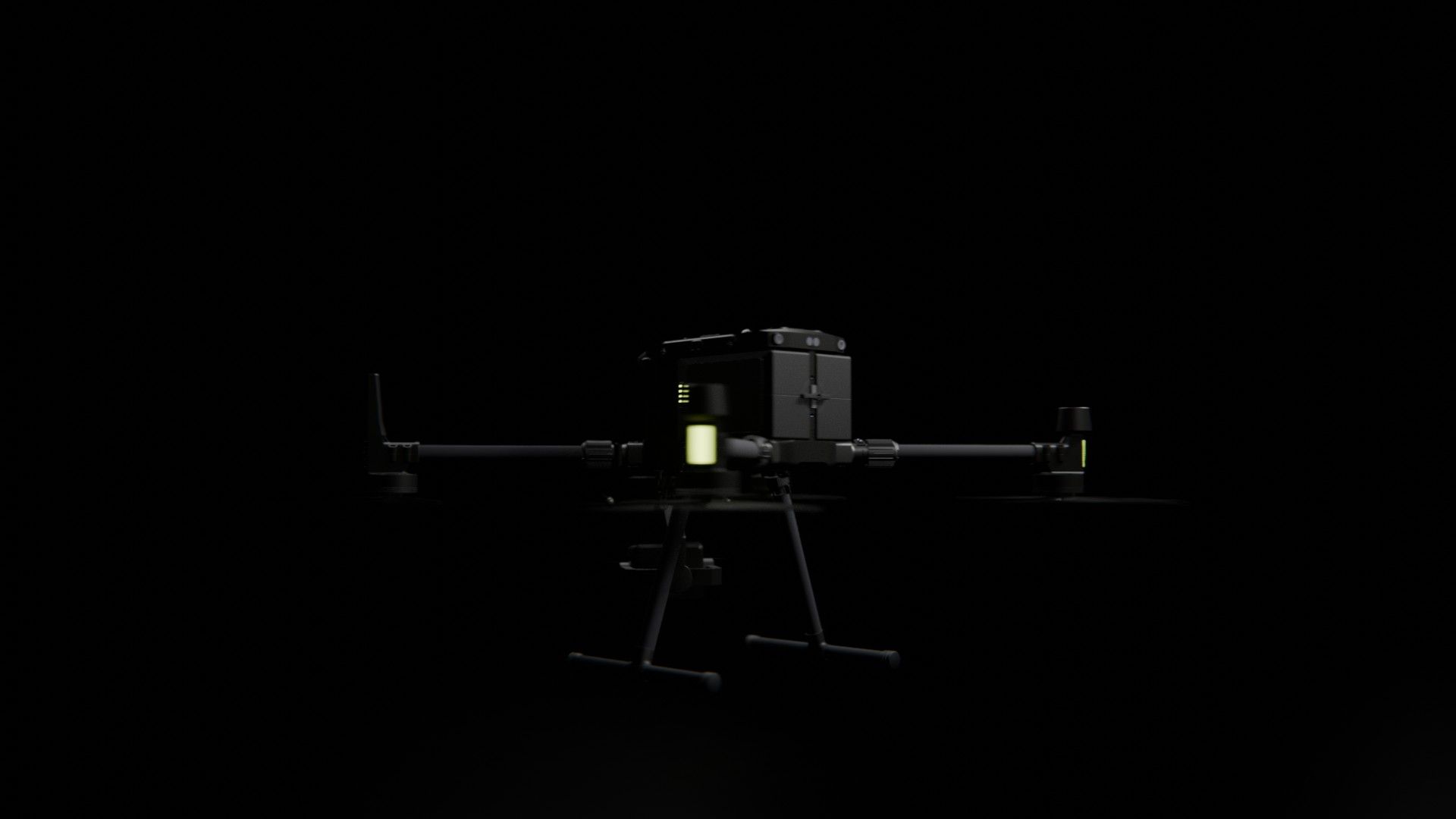 Bild 6 von vielen aus der 360-Grad-Ansicht einer professionellen DJI Enterprise Industrie-Drohne vor schwarzem Hintergrund mit violetter Beleuchtung.