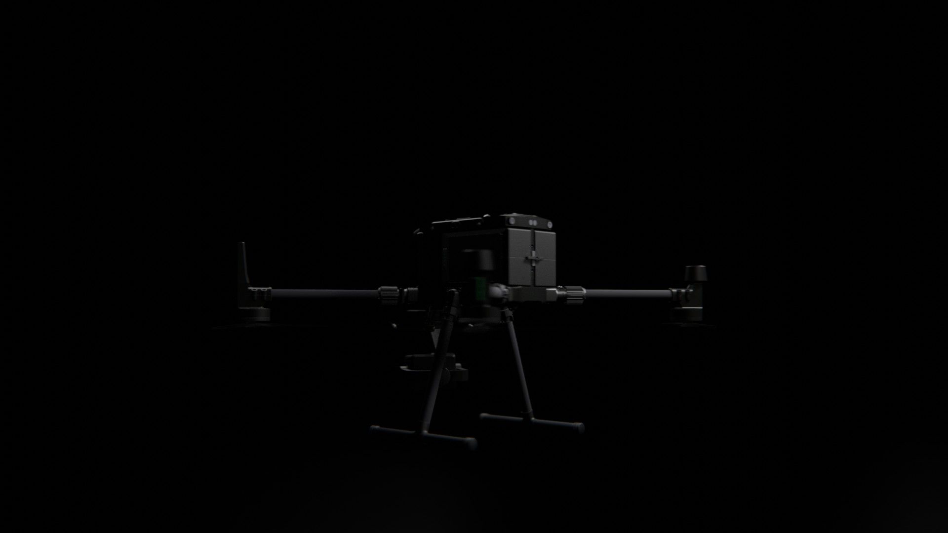 Bild 7 von vielen aus der 360-Grad-Ansicht einer professionellen DJI Enterprise Industrie-Drohne vor schwarzem Hintergrund mit violetter Beleuchtung.