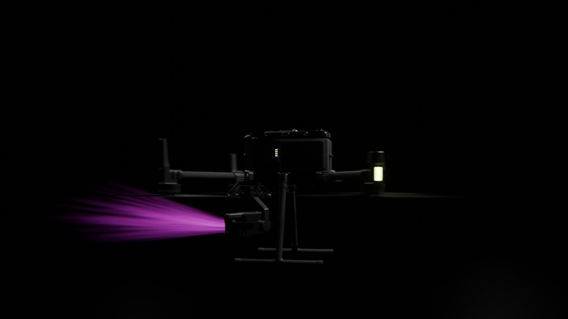 Bild 16 von vielen aus der 360-Grad-Ansicht einer professionellen DJI Enterprise Industrie-Drohne vor schwarzem Hintergrund mit violetter Beleuchtung.