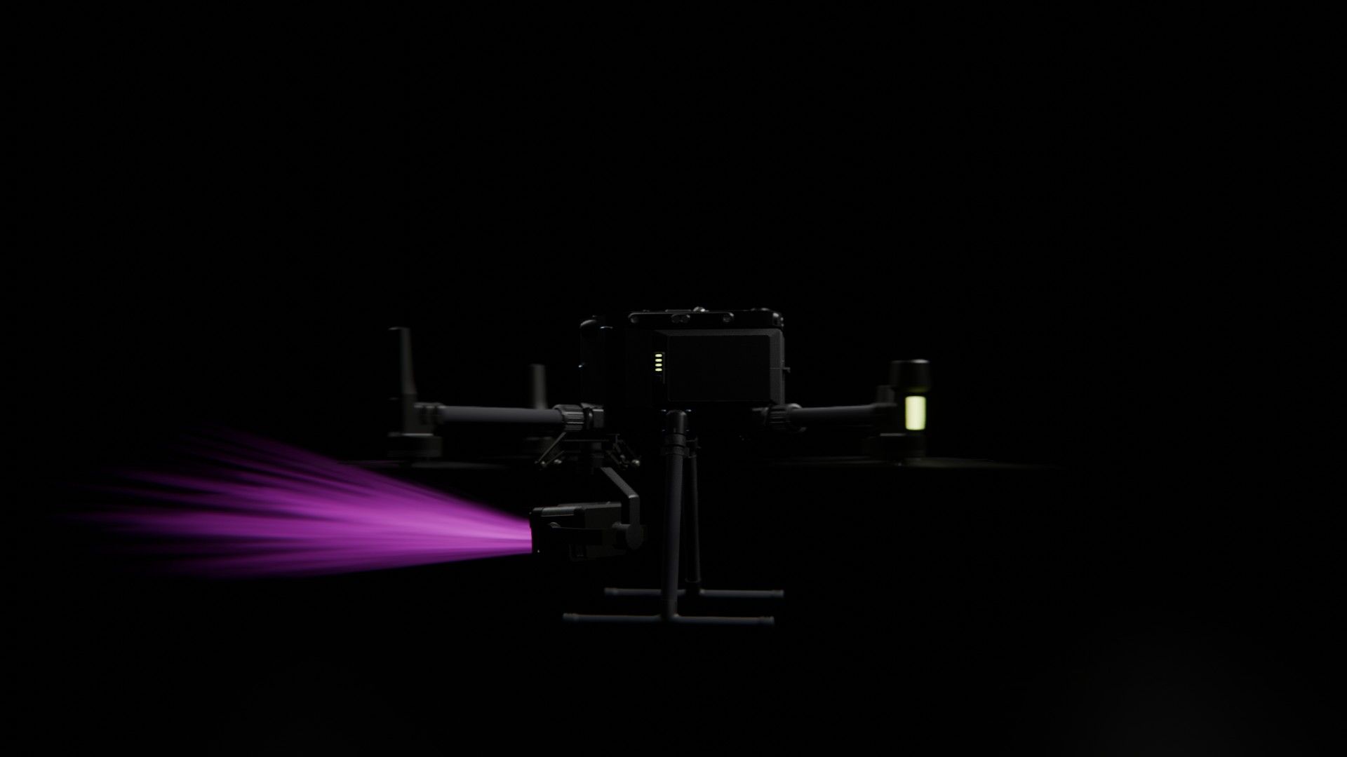 Bild 17 von vielen aus der 360-Grad-Ansicht einer professionellen DJI Enterprise Industrie-Drohne vor schwarzem Hintergrund mit violetter Beleuchtung.