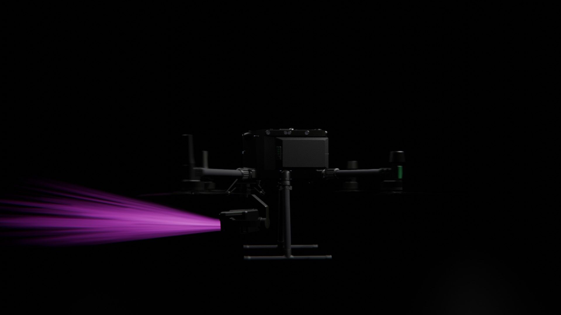 Bild 20 von vielen aus der 360-Grad-Ansicht einer professionellen DJI Enterprise Industrie-Drohne vor schwarzem Hintergrund mit violetter Beleuchtung.