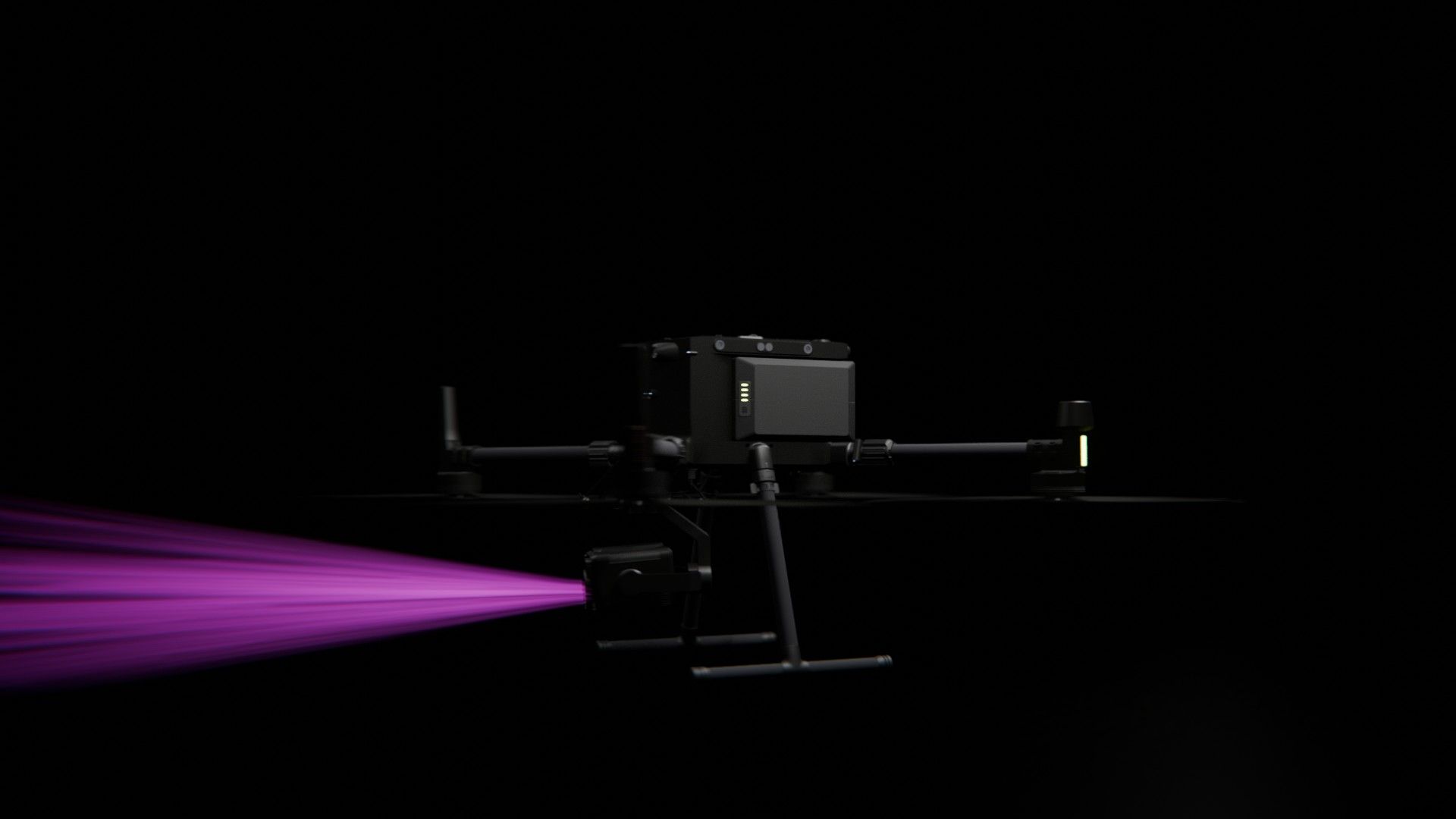 Bild 26 von vielen aus der 360-Grad-Ansicht einer professionellen DJI Enterprise Industrie-Drohne vor schwarzem Hintergrund mit violetter Beleuchtung.