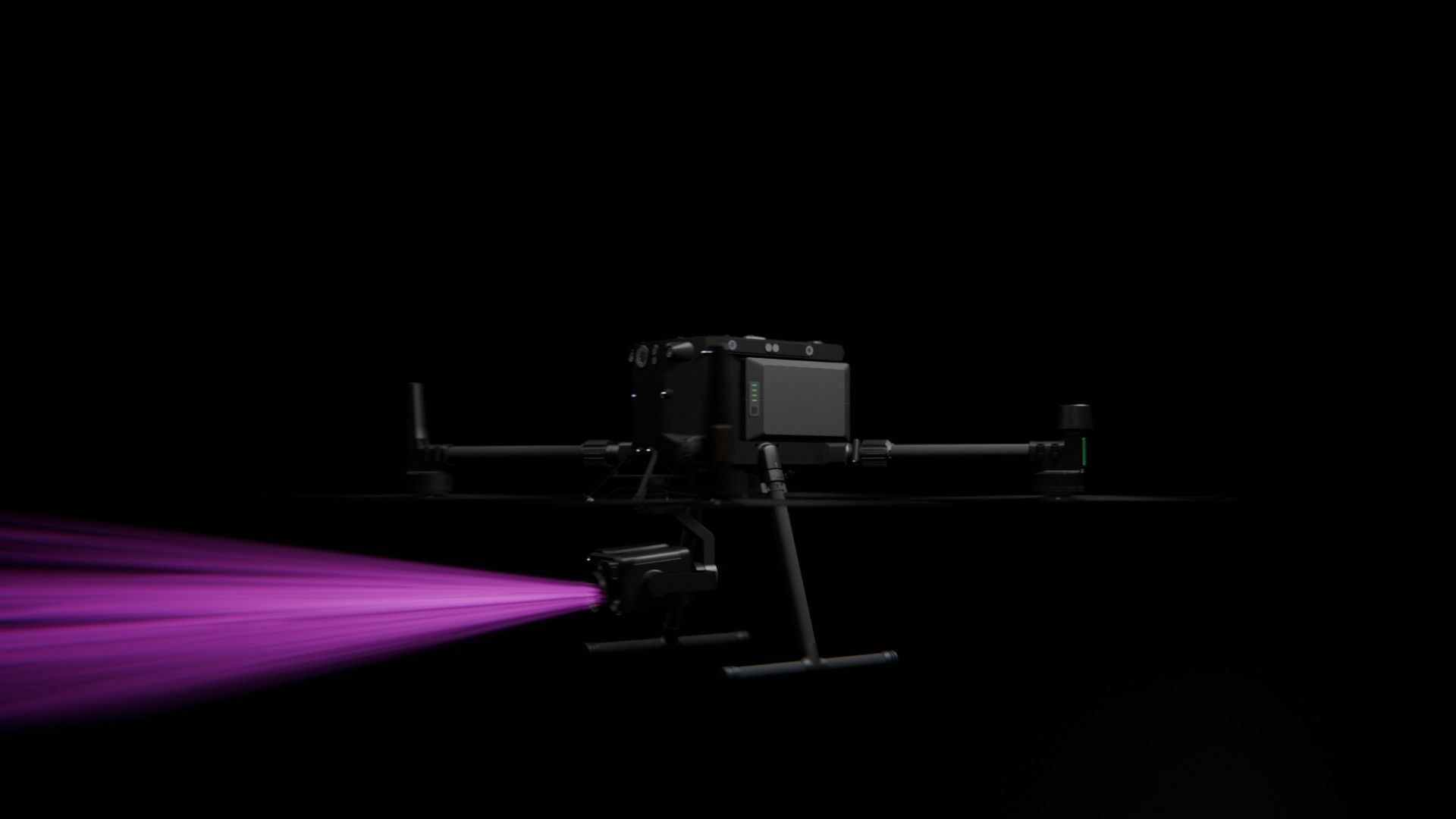 Bild 29 von vielen aus der 360-Grad-Ansicht einer professionellen DJI Enterprise Industrie-Drohne vor schwarzem Hintergrund mit violetter Beleuchtung.