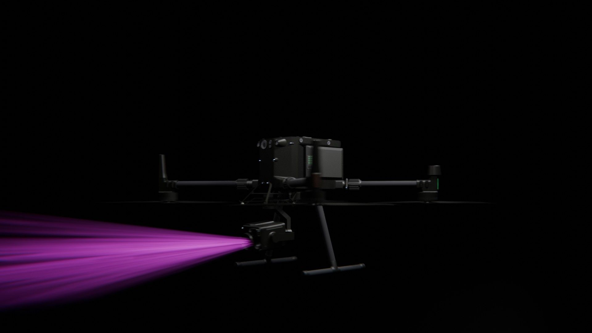Bild 31 von vielen aus der 360-Grad-Ansicht einer professionellen DJI Enterprise Industrie-Drohne vor schwarzem Hintergrund mit violetter Beleuchtung.