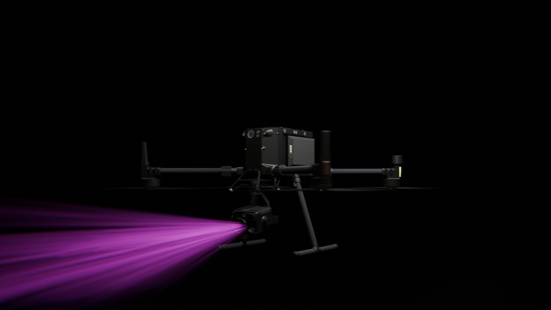 Bild 34 von vielen aus der 360-Grad-Ansicht einer professionellen DJI Enterprise Industrie-Drohne vor schwarzem Hintergrund mit violetter Beleuchtung.