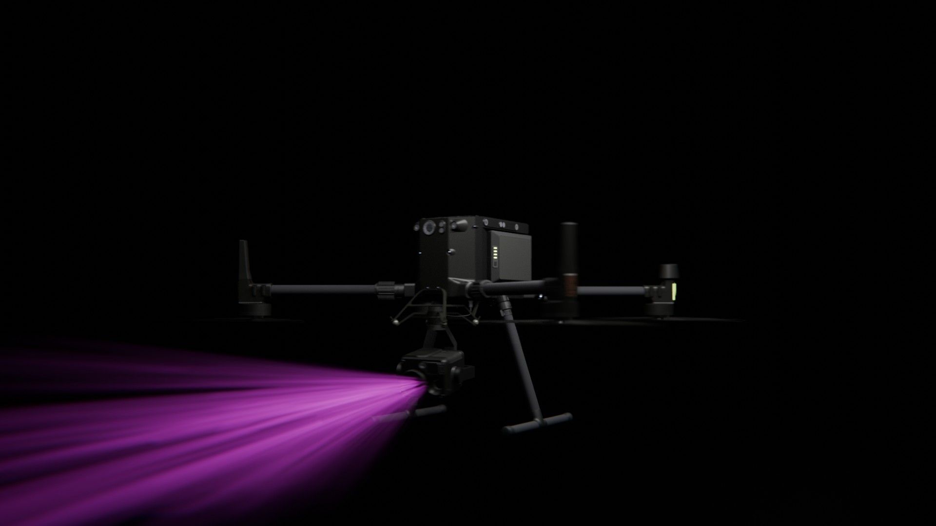 Bild 35 von vielen aus der 360-Grad-Ansicht einer professionellen DJI Enterprise Industrie-Drohne vor schwarzem Hintergrund mit violetter Beleuchtung.