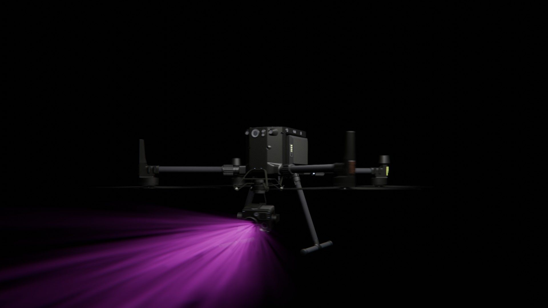 Bild 37 von vielen aus der 360-Grad-Ansicht einer professionellen DJI Enterprise Industrie-Drohne vor schwarzem Hintergrund mit violetter Beleuchtung.