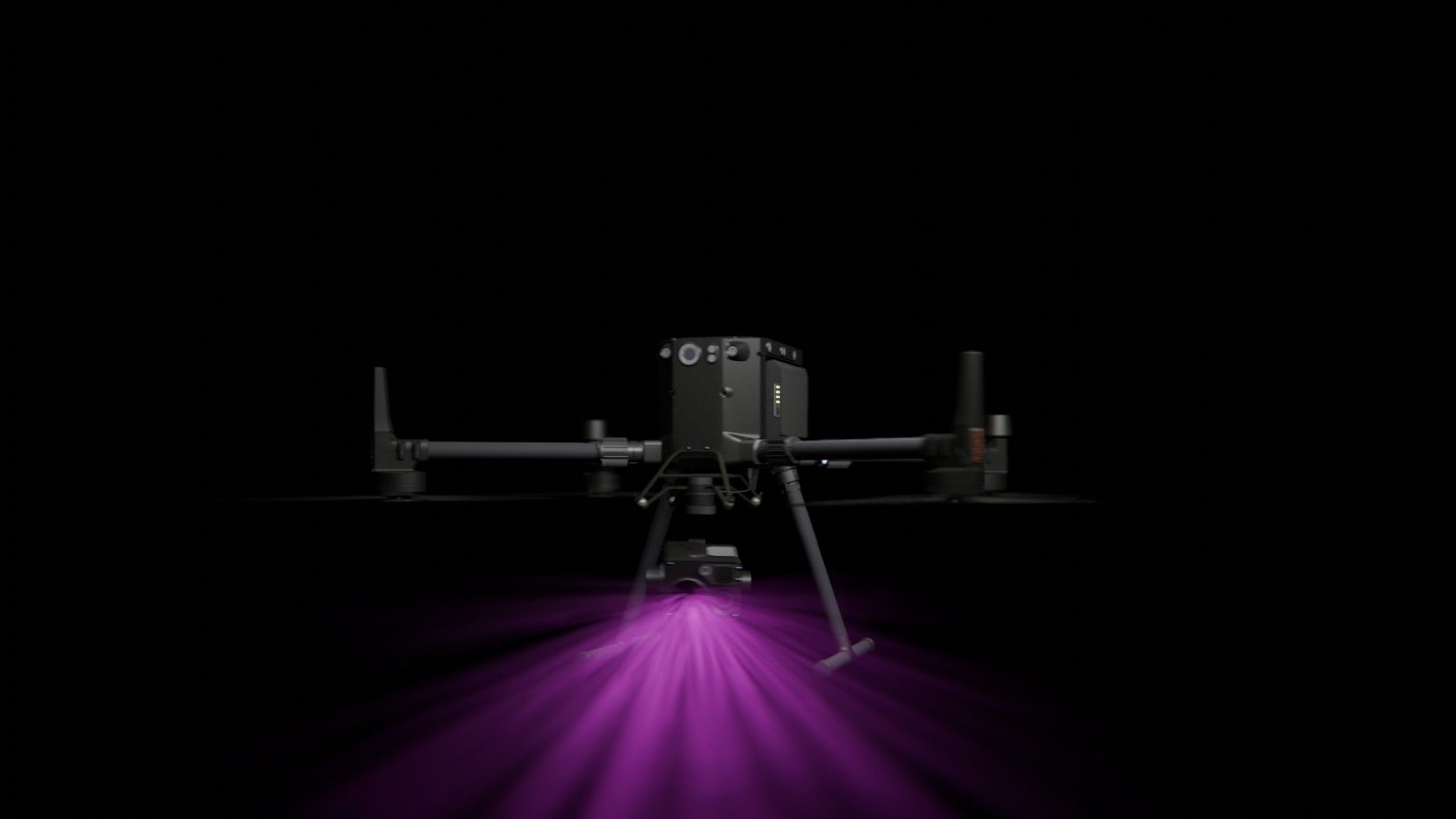 Bild 39 von vielen aus der 360-Grad-Ansicht einer professionellen DJI Enterprise Industrie-Drohne vor schwarzem Hintergrund mit violetter Beleuchtung.