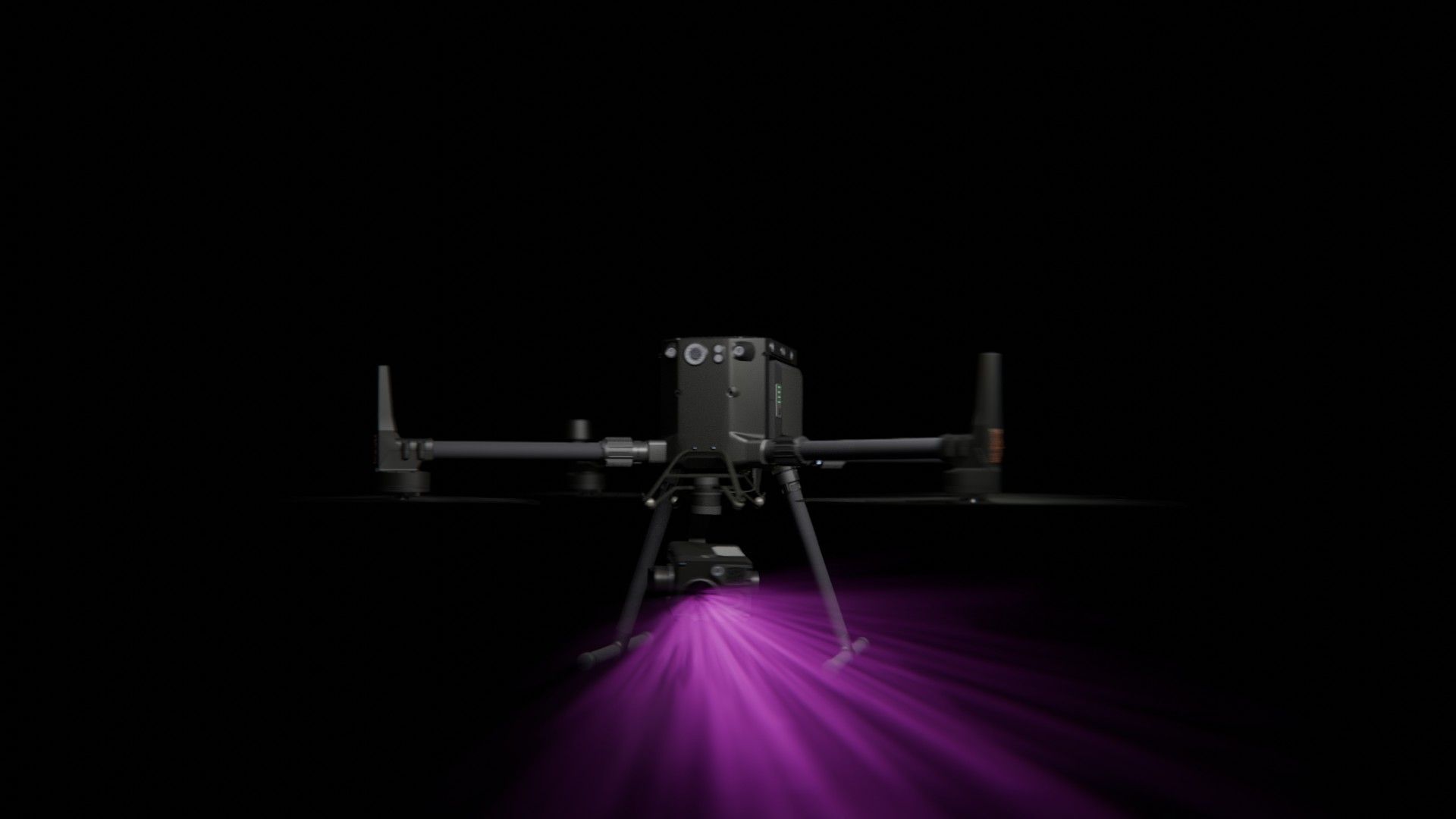 Bild 40 von vielen aus der 360-Grad-Ansicht einer professionellen DJI Enterprise Industrie-Drohne vor schwarzem Hintergrund mit violetter Beleuchtung.