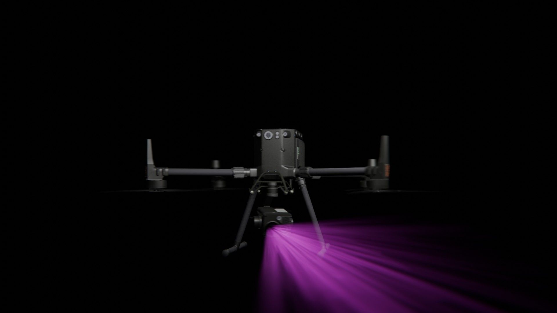 Bild 41 von vielen aus der 360-Grad-Ansicht einer professionellen DJI Enterprise Industrie-Drohne vor schwarzem Hintergrund mit violetter Beleuchtung.