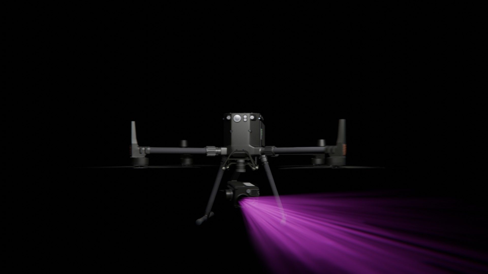 Bild 42 von vielen aus der 360-Grad-Ansicht einer professionellen DJI Enterprise Industrie-Drohne vor schwarzem Hintergrund mit violetter Beleuchtung.