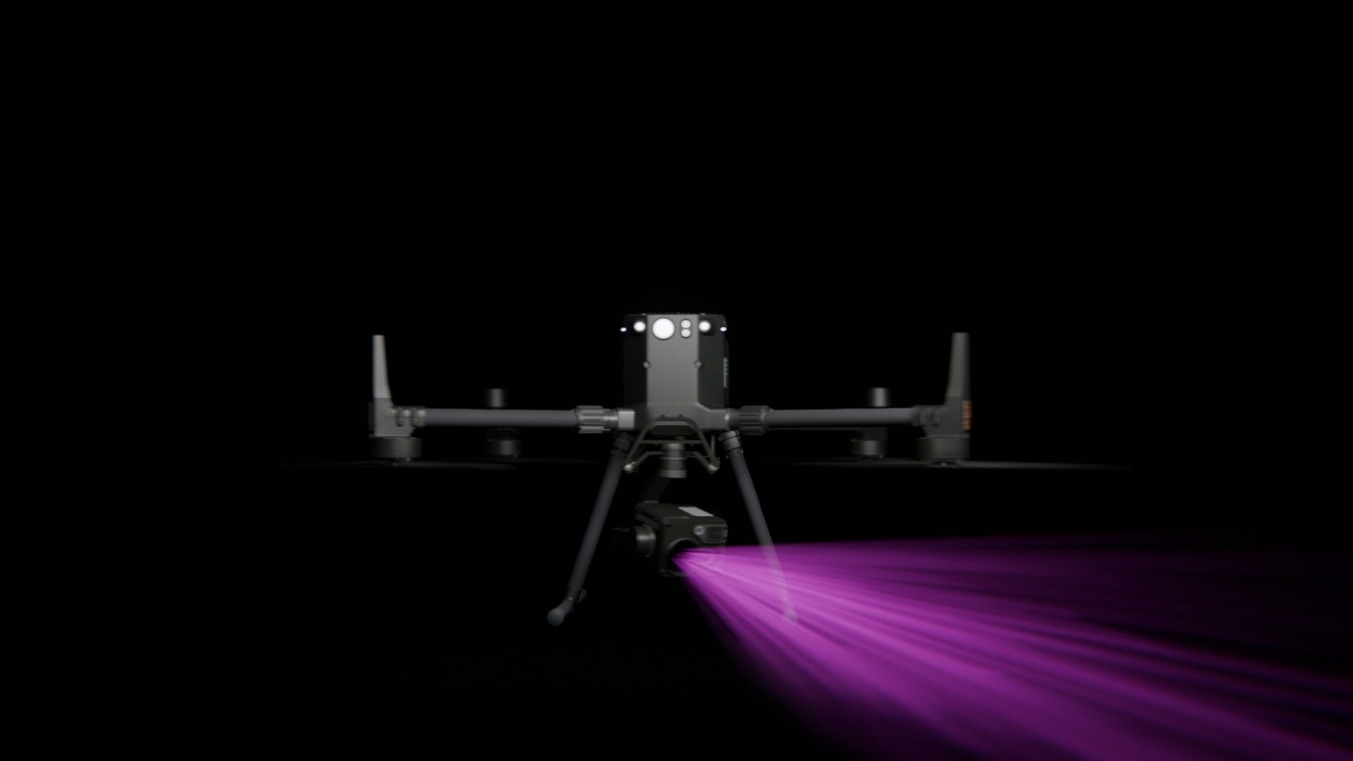 Bild 43 von vielen aus der 360-Grad-Ansicht einer professionellen DJI Enterprise Industrie-Drohne vor schwarzem Hintergrund mit violetter Beleuchtung.