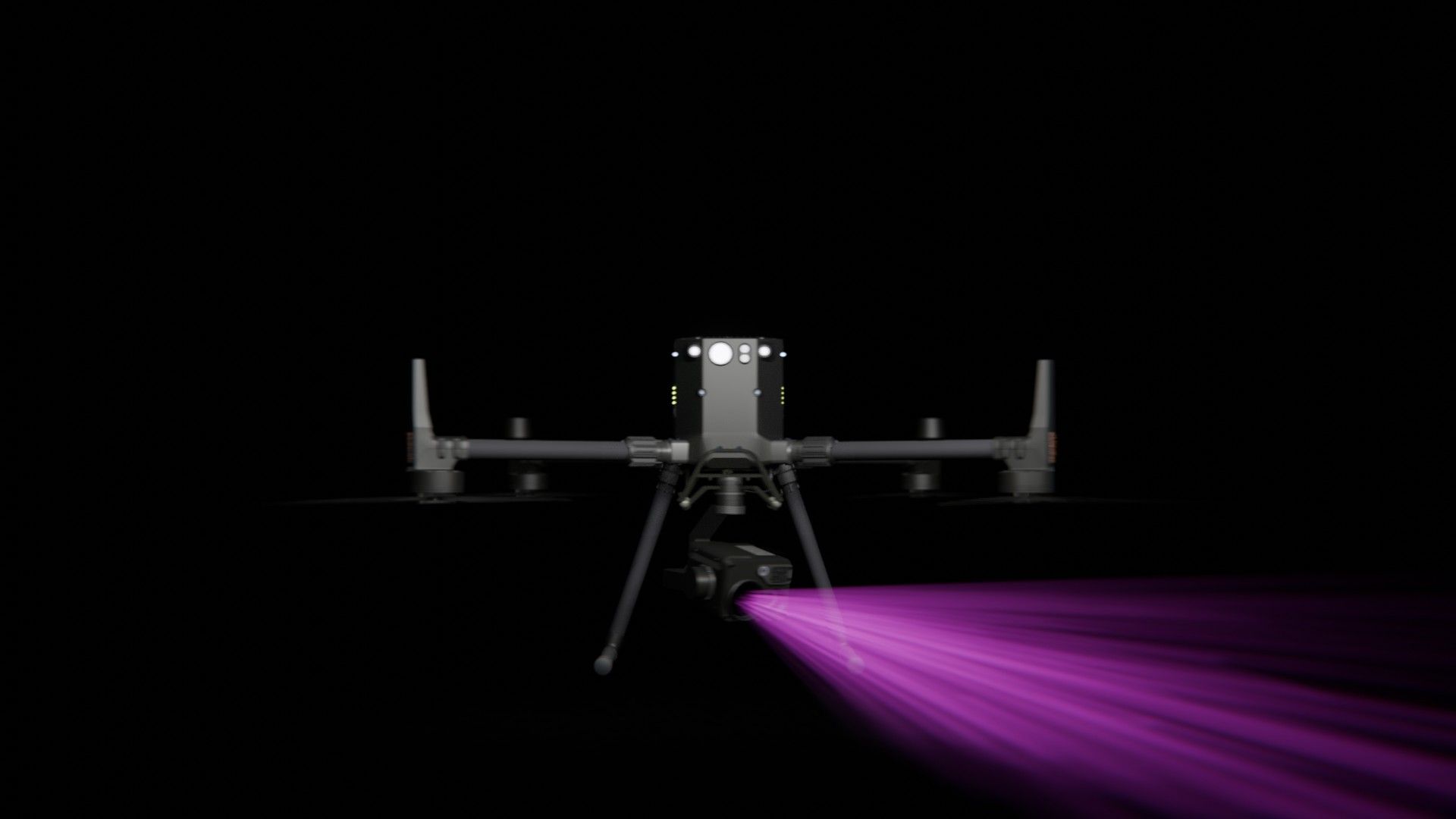 Bild 44 von vielen aus der 360-Grad-Ansicht einer professionellen DJI Enterprise Industrie-Drohne vor schwarzem Hintergrund mit violetter Beleuchtung.