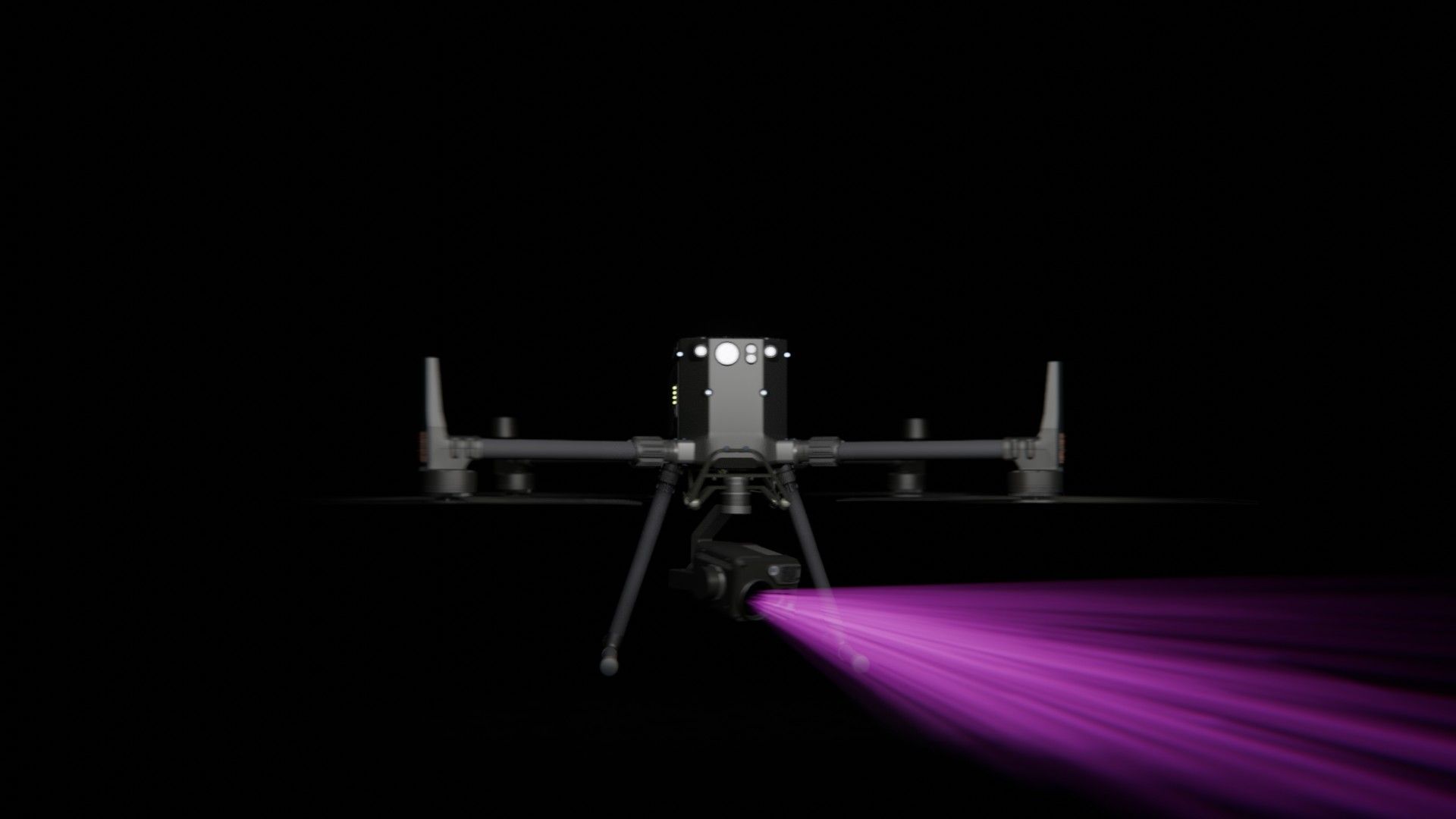 Bild 45 von vielen aus der 360-Grad-Ansicht einer professionellen DJI Enterprise Industrie-Drohne vor schwarzem Hintergrund mit violetter Beleuchtung.