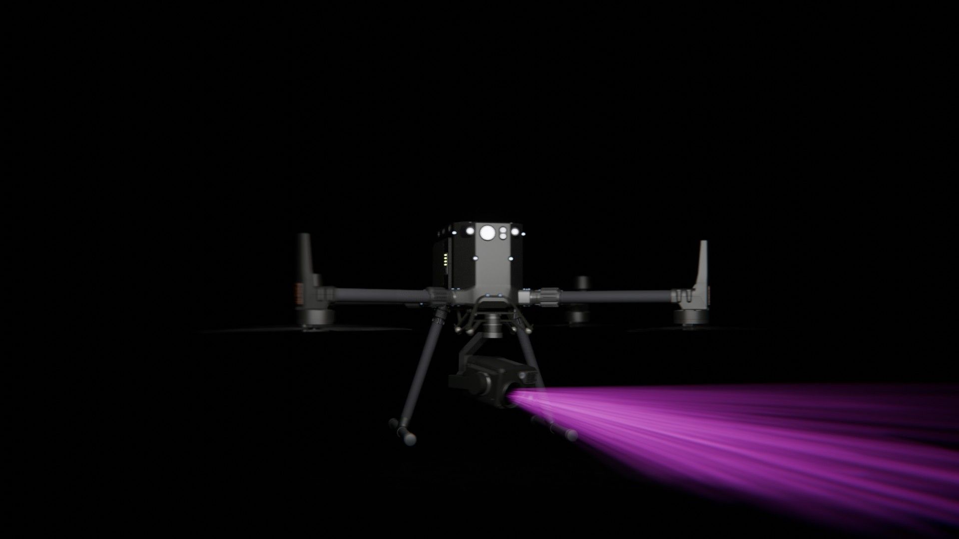 Bild 47 von vielen aus der 360-Grad-Ansicht einer professionellen DJI Enterprise Industrie-Drohne vor schwarzem Hintergrund mit violetter Beleuchtung.
