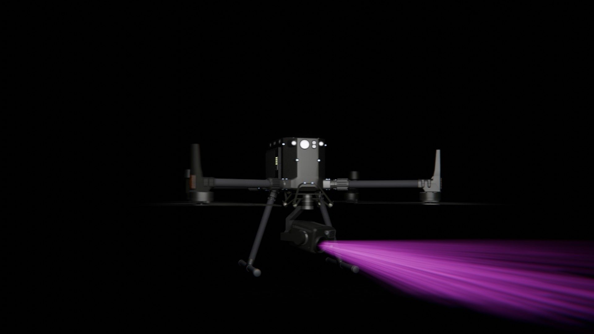 Bild 48 von vielen aus der 360-Grad-Ansicht einer professionellen DJI Enterprise Industrie-Drohne vor schwarzem Hintergrund mit violetter Beleuchtung.