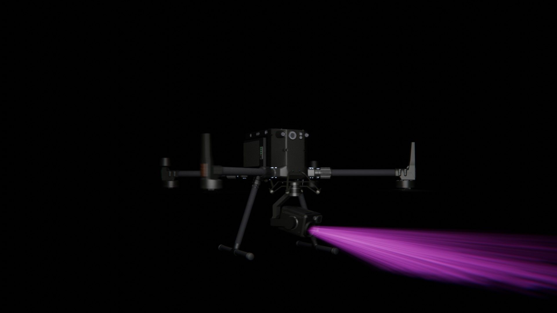Bild 51 von vielen aus der 360-Grad-Ansicht einer professionellen DJI Enterprise Industrie-Drohne vor schwarzem Hintergrund mit violetter Beleuchtung.
