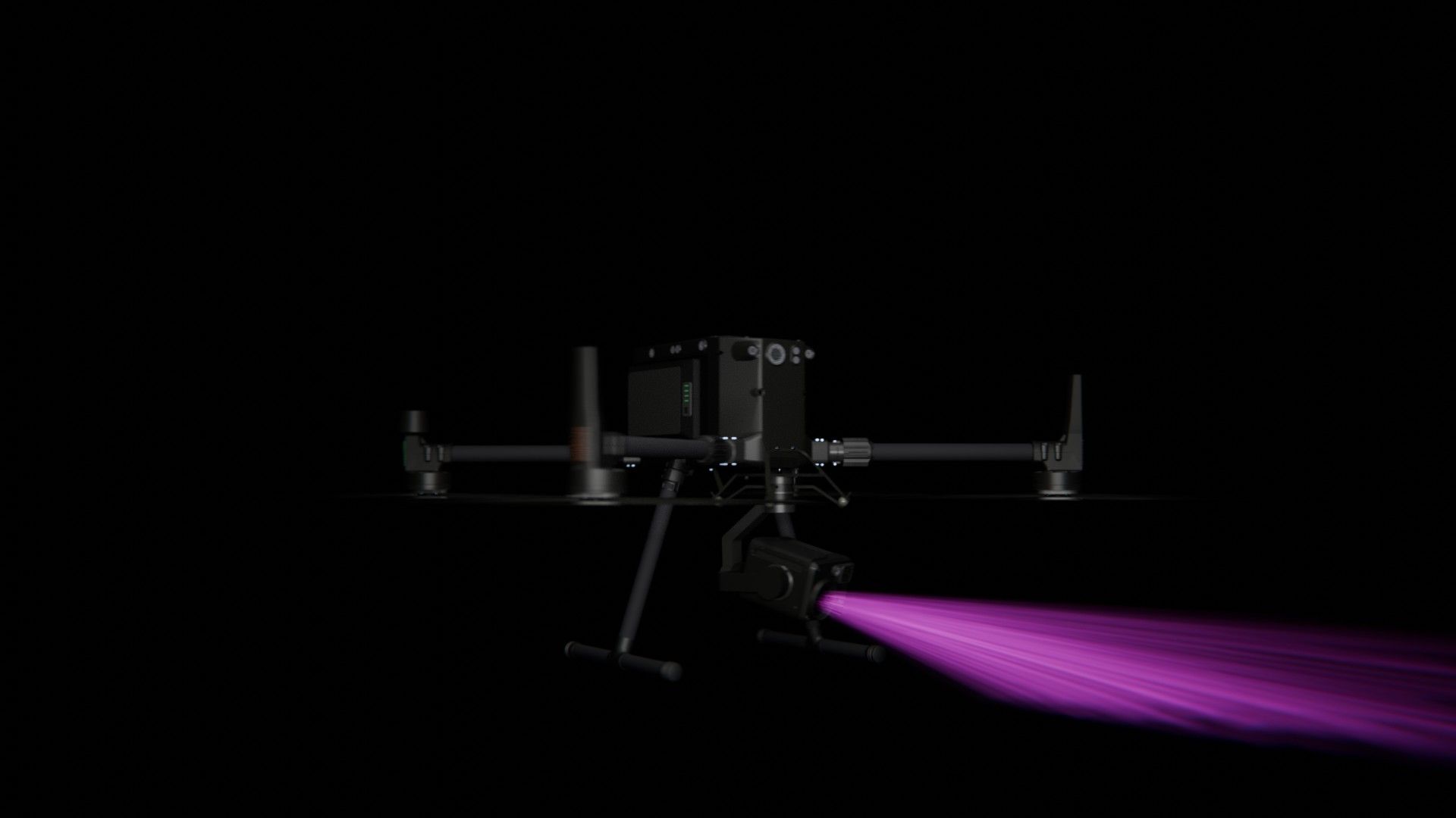 Bild 53 von vielen aus der 360-Grad-Ansicht einer professionellen DJI Enterprise Industrie-Drohne vor schwarzem Hintergrund mit violetter Beleuchtung.