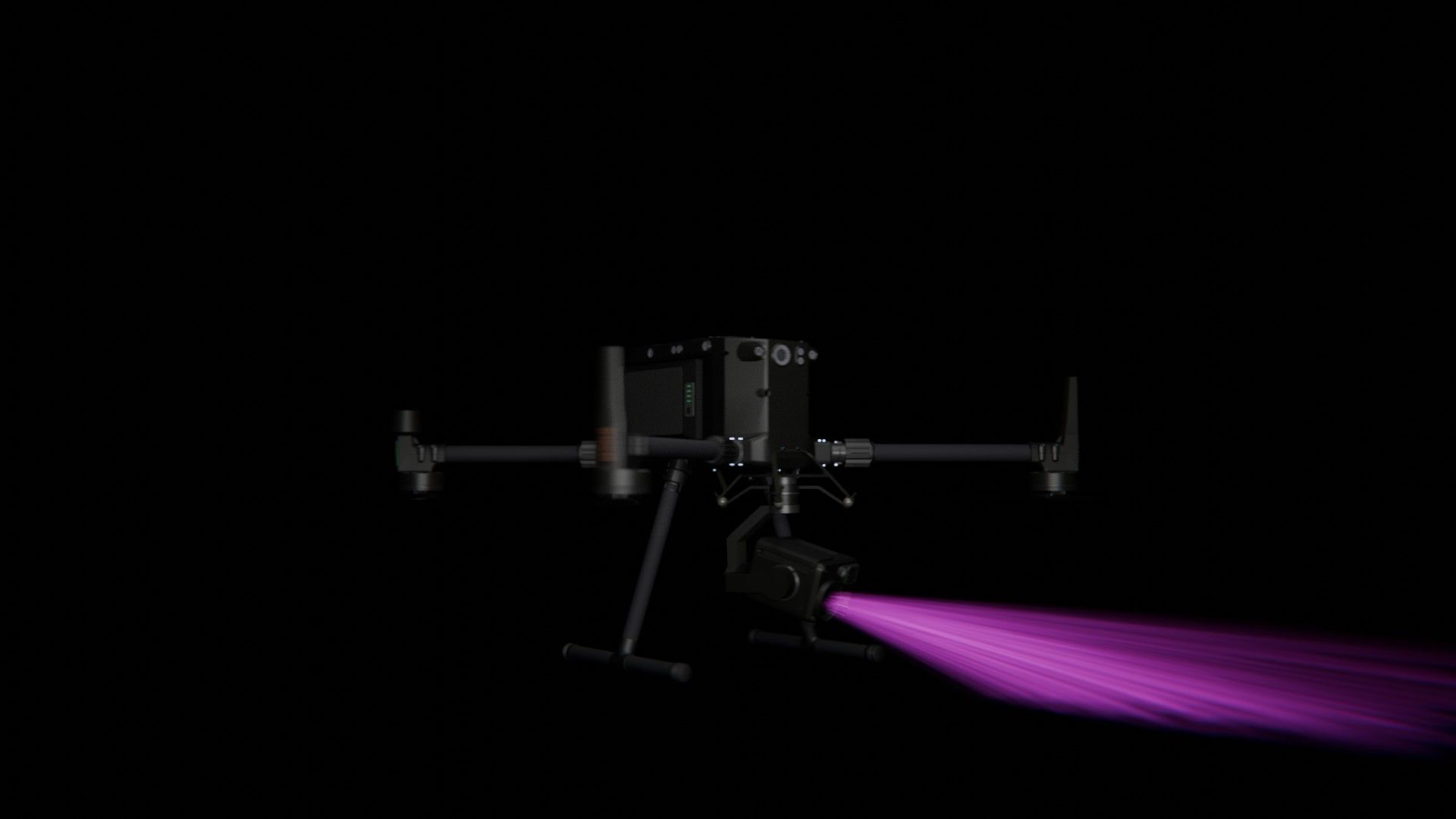Bild 54 von vielen aus der 360-Grad-Ansicht einer professionellen DJI Enterprise Industrie-Drohne vor schwarzem Hintergrund mit violetter Beleuchtung.