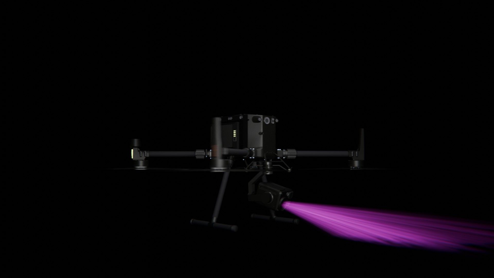 Bild 55 von vielen aus der 360-Grad-Ansicht einer professionellen DJI Enterprise Industrie-Drohne vor schwarzem Hintergrund mit violetter Beleuchtung.