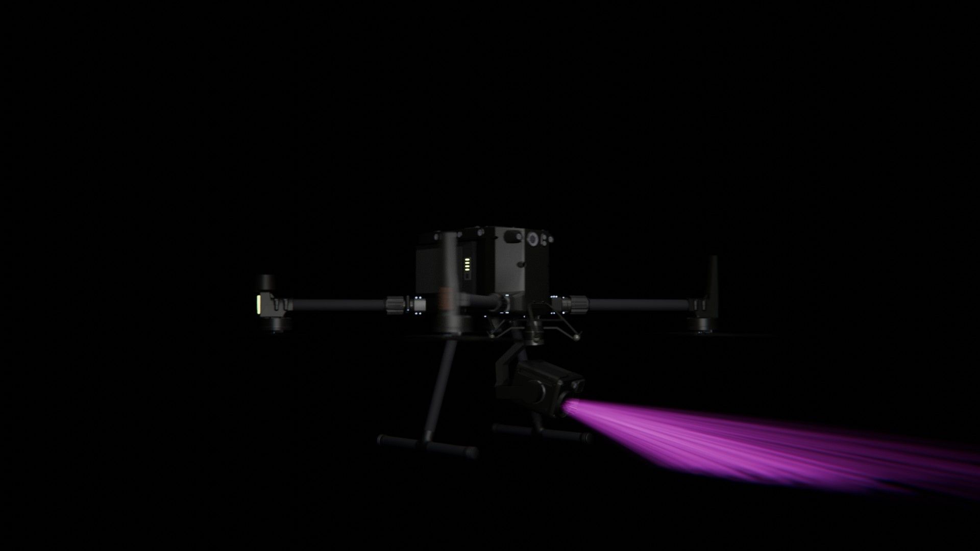 Bild 56 von vielen aus der 360-Grad-Ansicht einer professionellen DJI Enterprise Industrie-Drohne vor schwarzem Hintergrund mit violetter Beleuchtung.