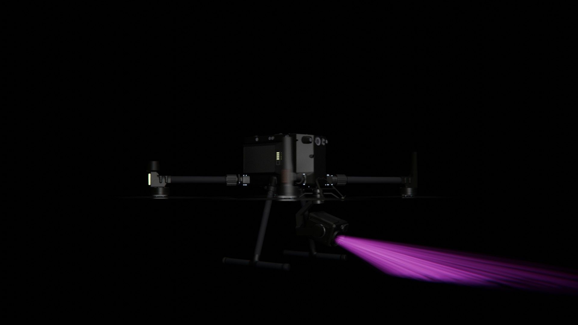 Bild 58 von vielen aus der 360-Grad-Ansicht einer professionellen DJI Enterprise Industrie-Drohne vor schwarzem Hintergrund mit violetter Beleuchtung.