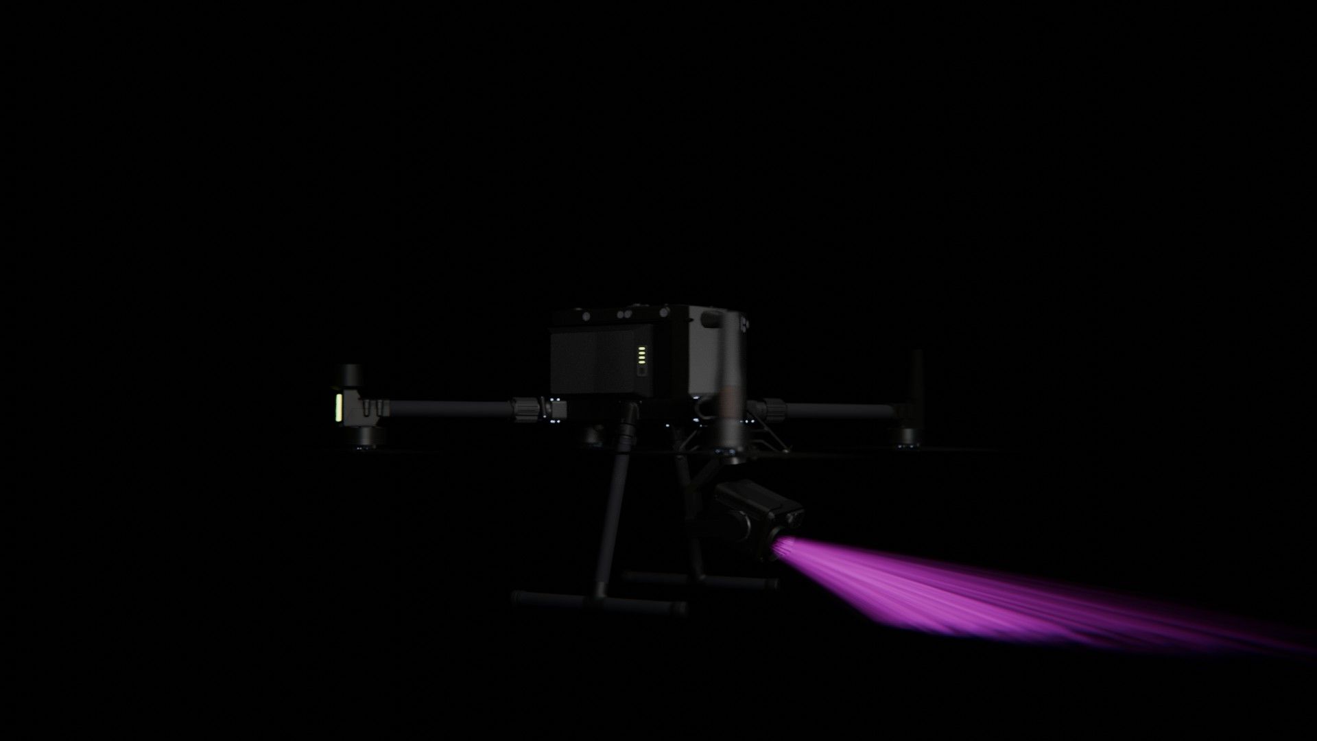 Bild 61 von vielen aus der 360-Grad-Ansicht einer professionellen DJI Enterprise Industrie-Drohne vor schwarzem Hintergrund mit violetter Beleuchtung.