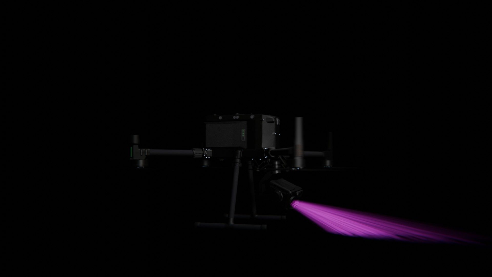 Bild 64 von vielen aus der 360-Grad-Ansicht einer professionellen DJI Enterprise Industrie-Drohne vor schwarzem Hintergrund mit violetter Beleuchtung.