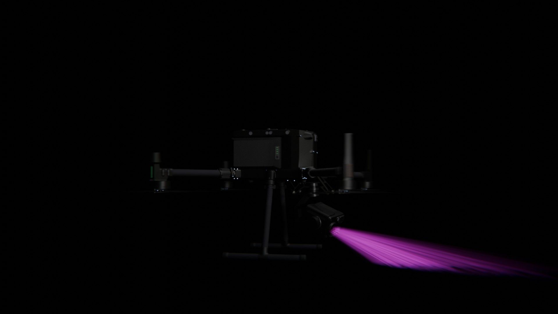 Bild 65 von vielen aus der 360-Grad-Ansicht einer professionellen DJI Enterprise Industrie-Drohne vor schwarzem Hintergrund mit violetter Beleuchtung.