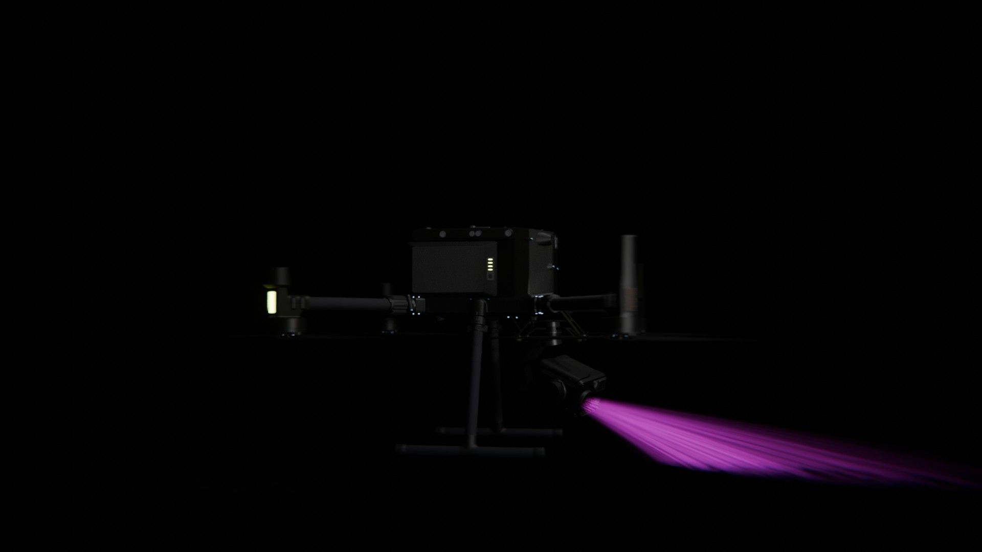 Bild 66 von vielen aus der 360-Grad-Ansicht einer professionellen DJI Enterprise Industrie-Drohne vor schwarzem Hintergrund mit violetter Beleuchtung.