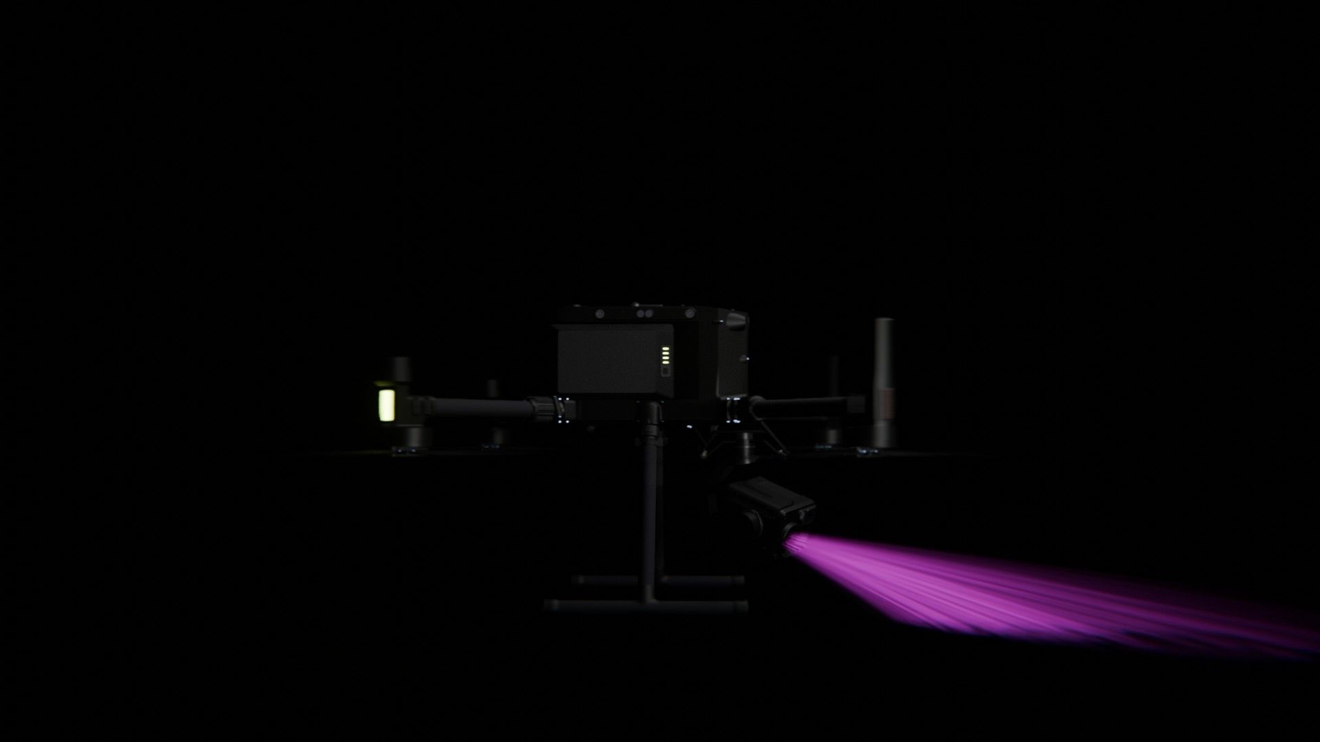Bild 68 von vielen aus der 360-Grad-Ansicht einer professionellen DJI Enterprise Industrie-Drohne vor schwarzem Hintergrund mit violetter Beleuchtung.