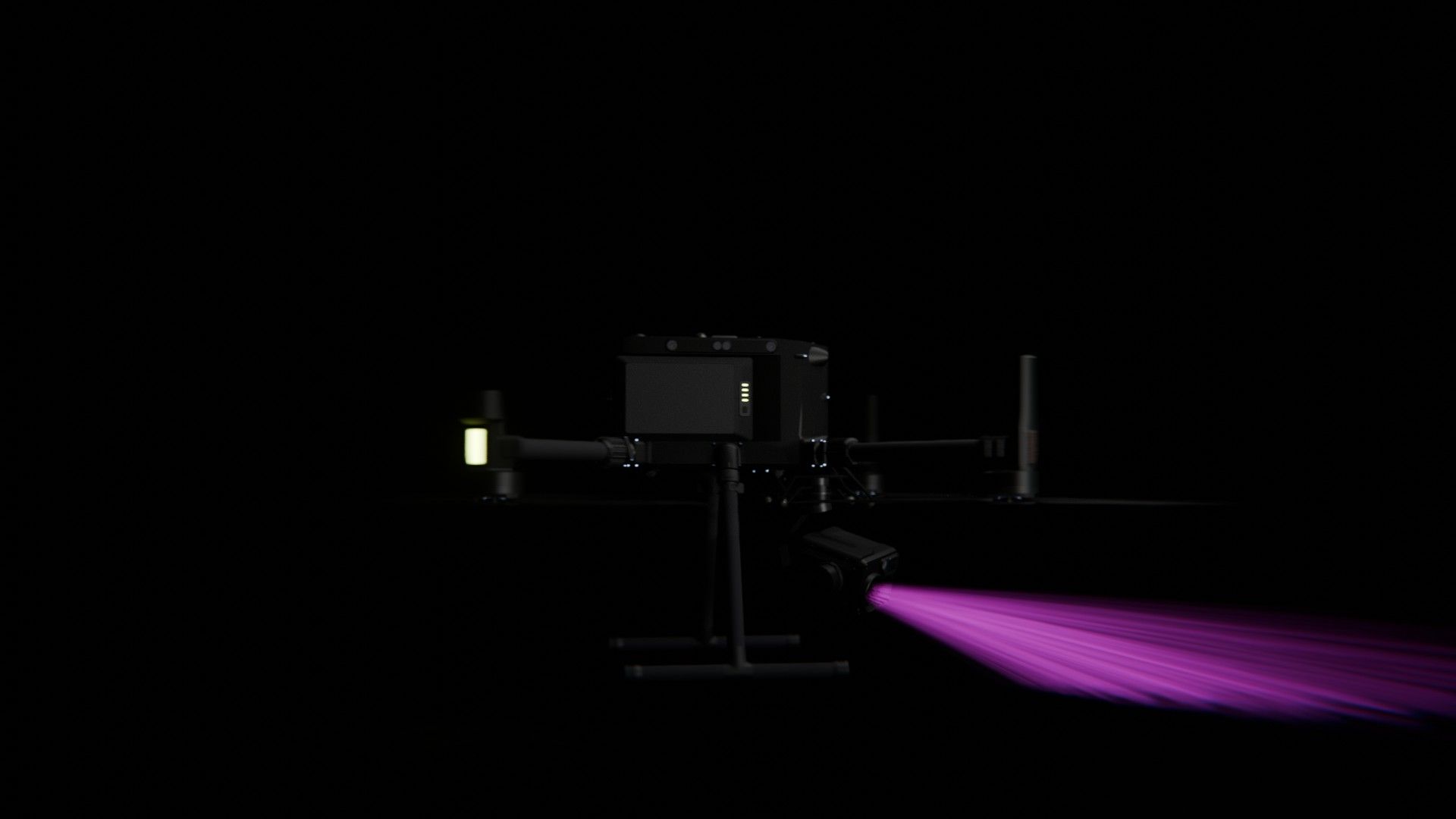 Bild 71 von vielen aus der 360-Grad-Ansicht einer professionellen DJI Enterprise Industrie-Drohne vor schwarzem Hintergrund mit violetter Beleuchtung.