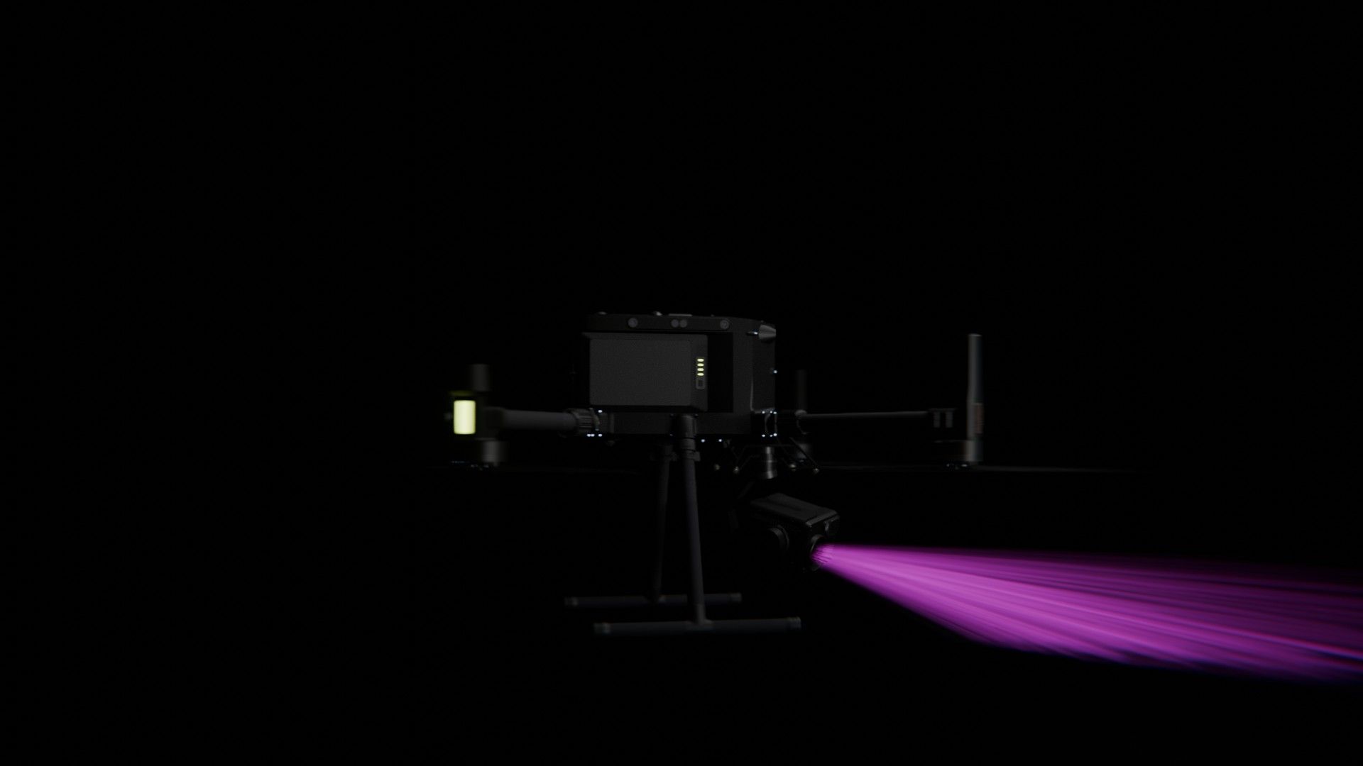 Bild 72 von vielen aus der 360-Grad-Ansicht einer professionellen DJI Enterprise Industrie-Drohne vor schwarzem Hintergrund mit violetter Beleuchtung.