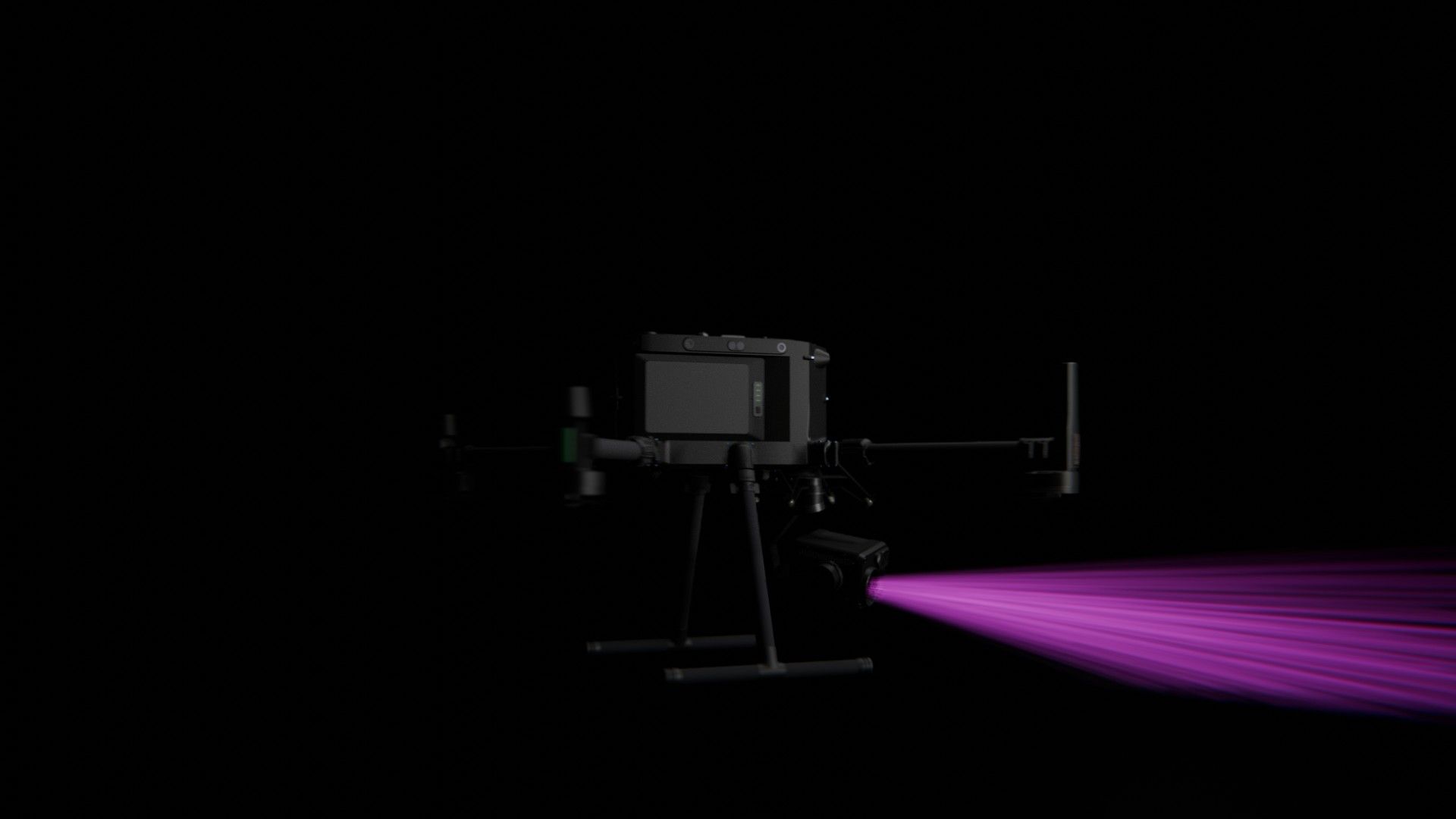 Bild 75 von vielen aus der 360-Grad-Ansicht einer professionellen DJI Enterprise Industrie-Drohne vor schwarzem Hintergrund mit violetter Beleuchtung.