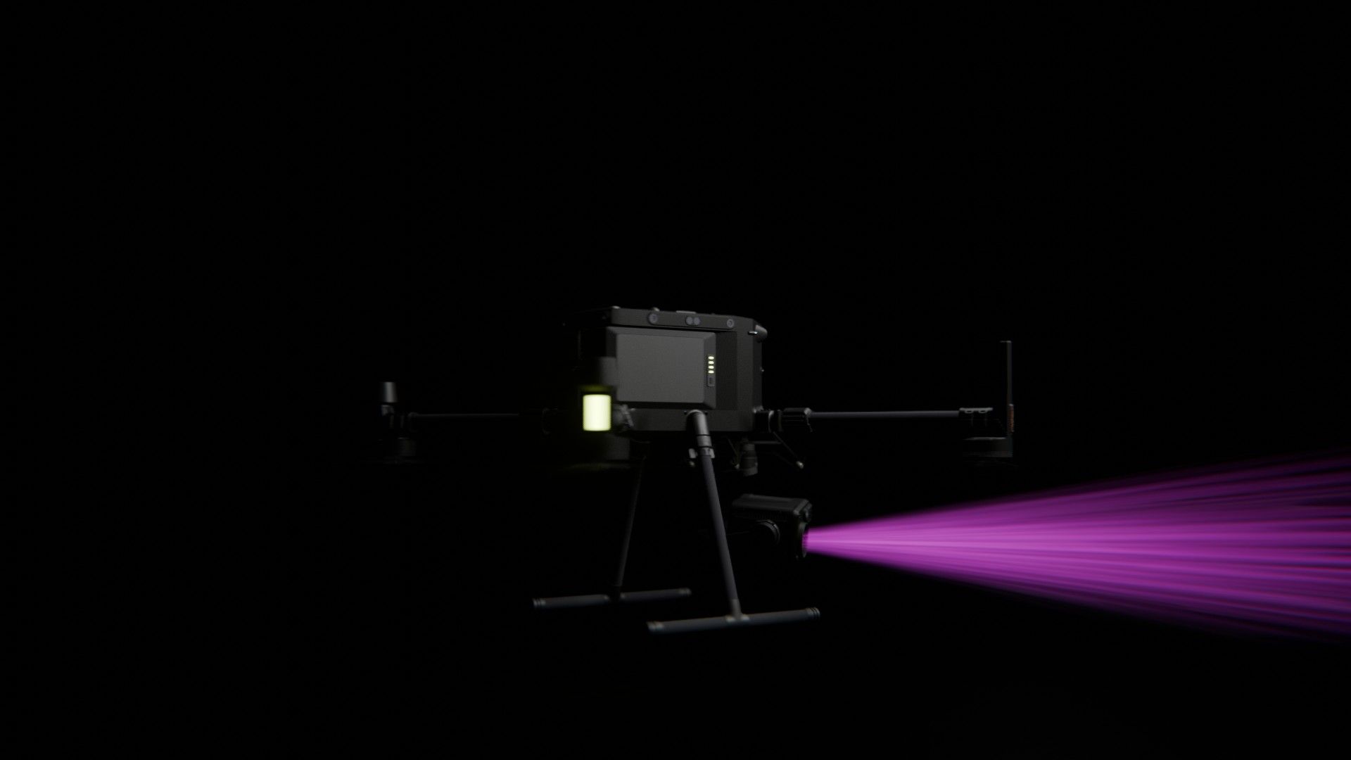 Ein Bild von vielen aus der 360-Grad-Ansicht einer professionellen DJI Enterprise Industrie-Drohne vor schwarzem Hintergrund mit violetter Beleuchtung.