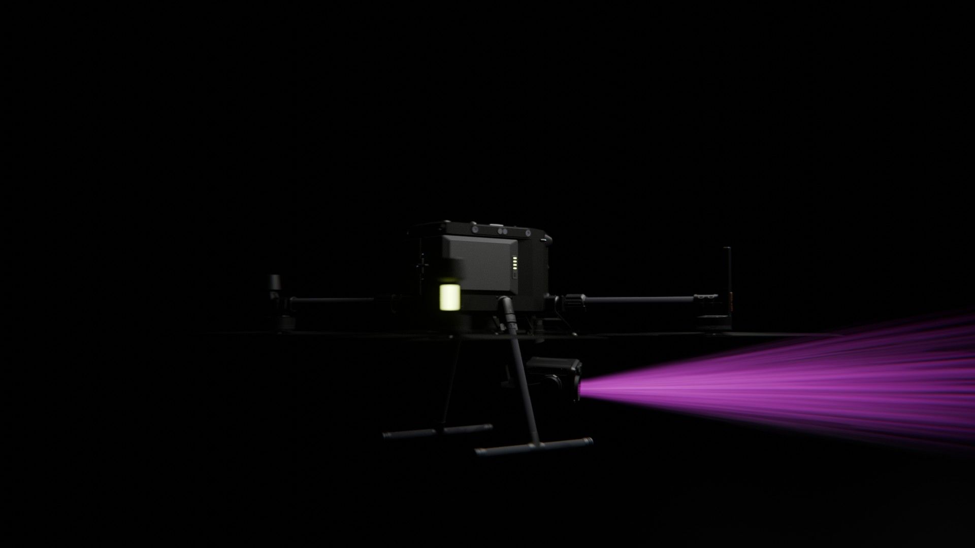 Ein Bild von vielen aus der 360-Grad-Ansicht einer professionellen DJI Enterprise Industrie-Drohne vor schwarzem Hintergrund mit violetter Beleuchtung.