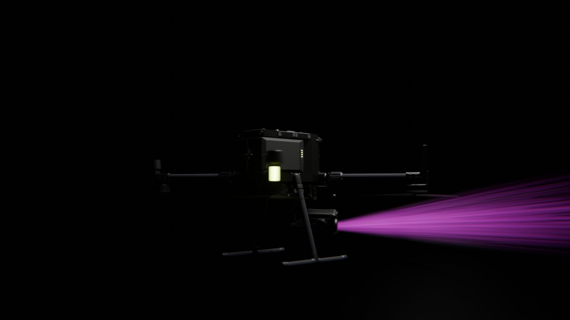 Ein Bild von vielen aus der 360-Grad-Ansicht einer professionellen DJI Enterprise Industrie-Drohne vor schwarzem Hintergrund mit violetter Beleuchtung.