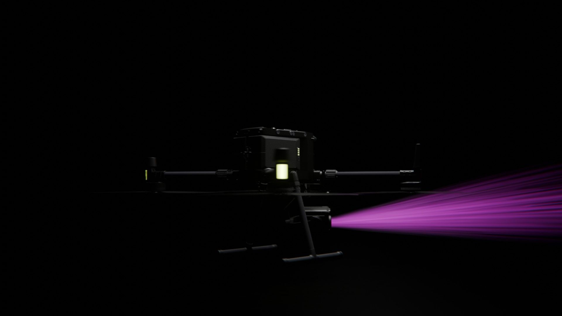 Ein Bild von vielen aus der 360-Grad-Ansicht einer professionellen DJI Enterprise Industrie-Drohne vor schwarzem Hintergrund mit violetter Beleuchtung.