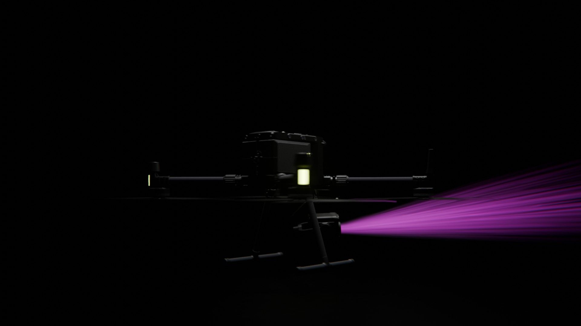 Ein Bild von vielen aus der 360-Grad-Ansicht einer professionellen DJI Enterprise Industrie-Drohne vor schwarzem Hintergrund mit violetter Beleuchtung.