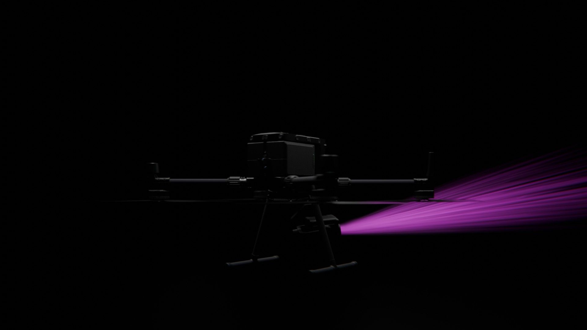 Ein Bild von vielen aus der 360-Grad-Ansicht einer professionellen DJI Enterprise Industrie-Drohne vor schwarzem Hintergrund mit violetter Beleuchtung.