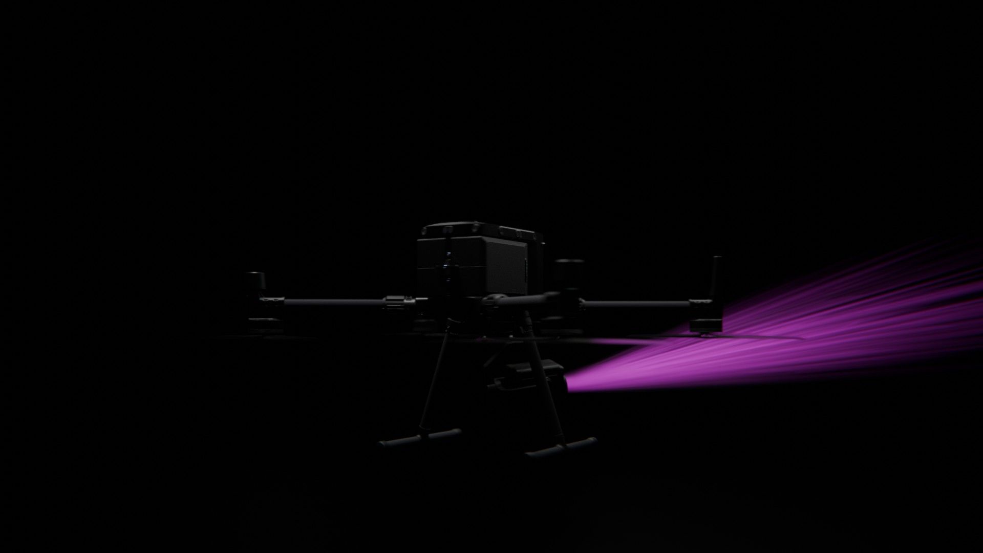 Ein Bild von vielen aus der 360-Grad-Ansicht einer professionellen DJI Enterprise Industrie-Drohne vor schwarzem Hintergrund mit violetter Beleuchtung.