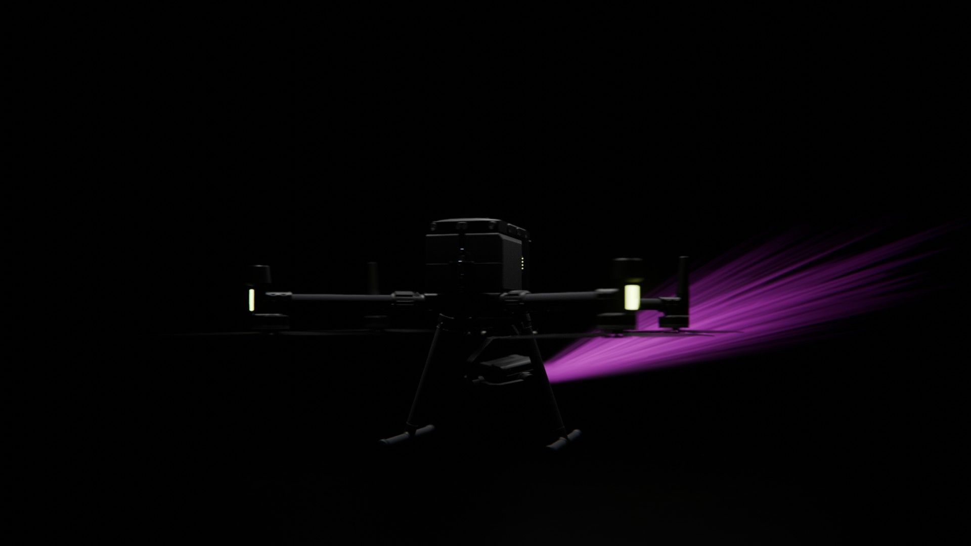 Ein Bild von vielen aus der 360-Grad-Ansicht einer professionellen DJI Enterprise Industrie-Drohne vor schwarzem Hintergrund mit violetter Beleuchtung.