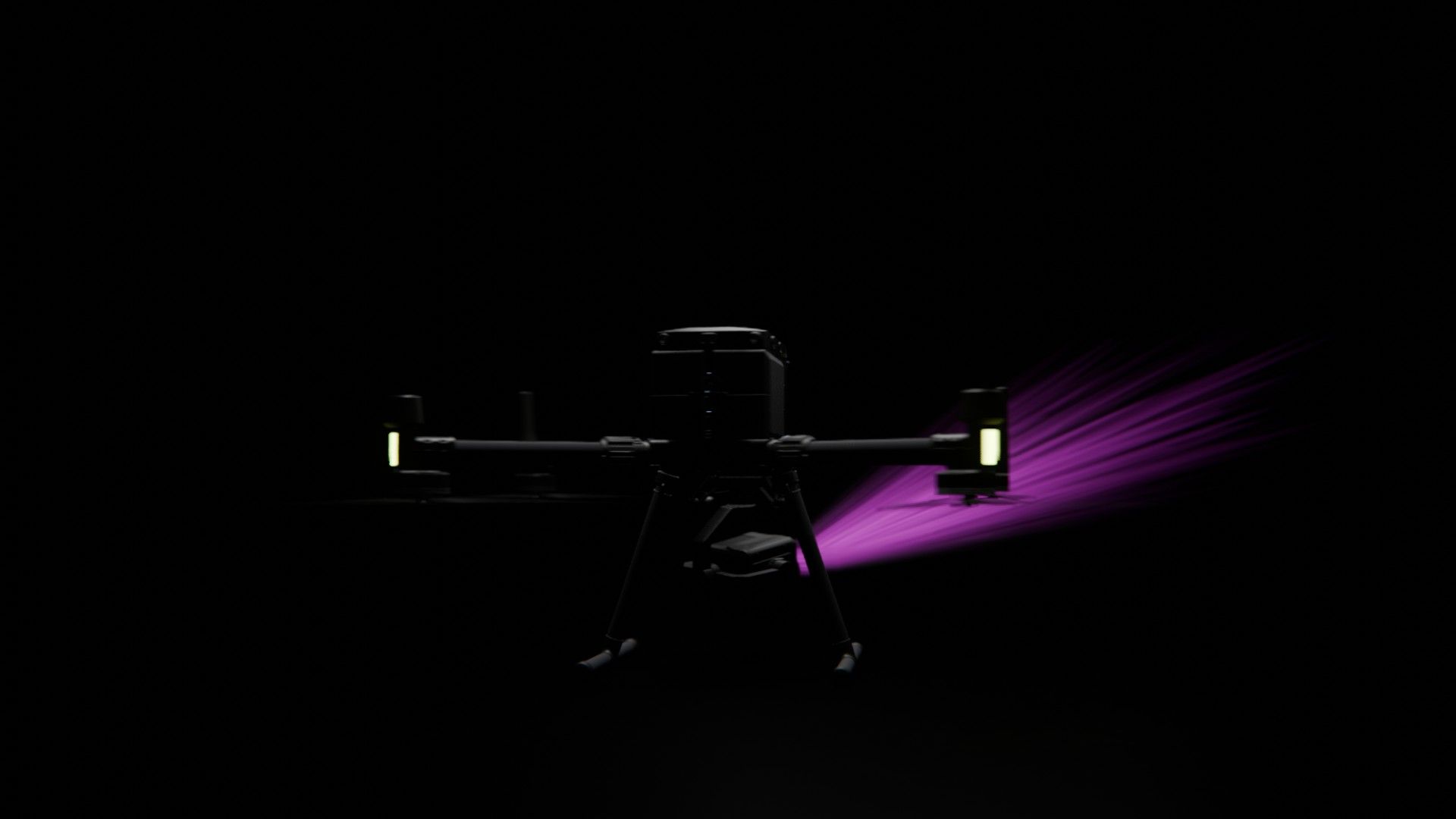 360-Grad-Ansicht einer professionellen DJI Enterprise Industrie-Drohne vor schwarzem Hintergrund mit violetter Beleuchtung.
