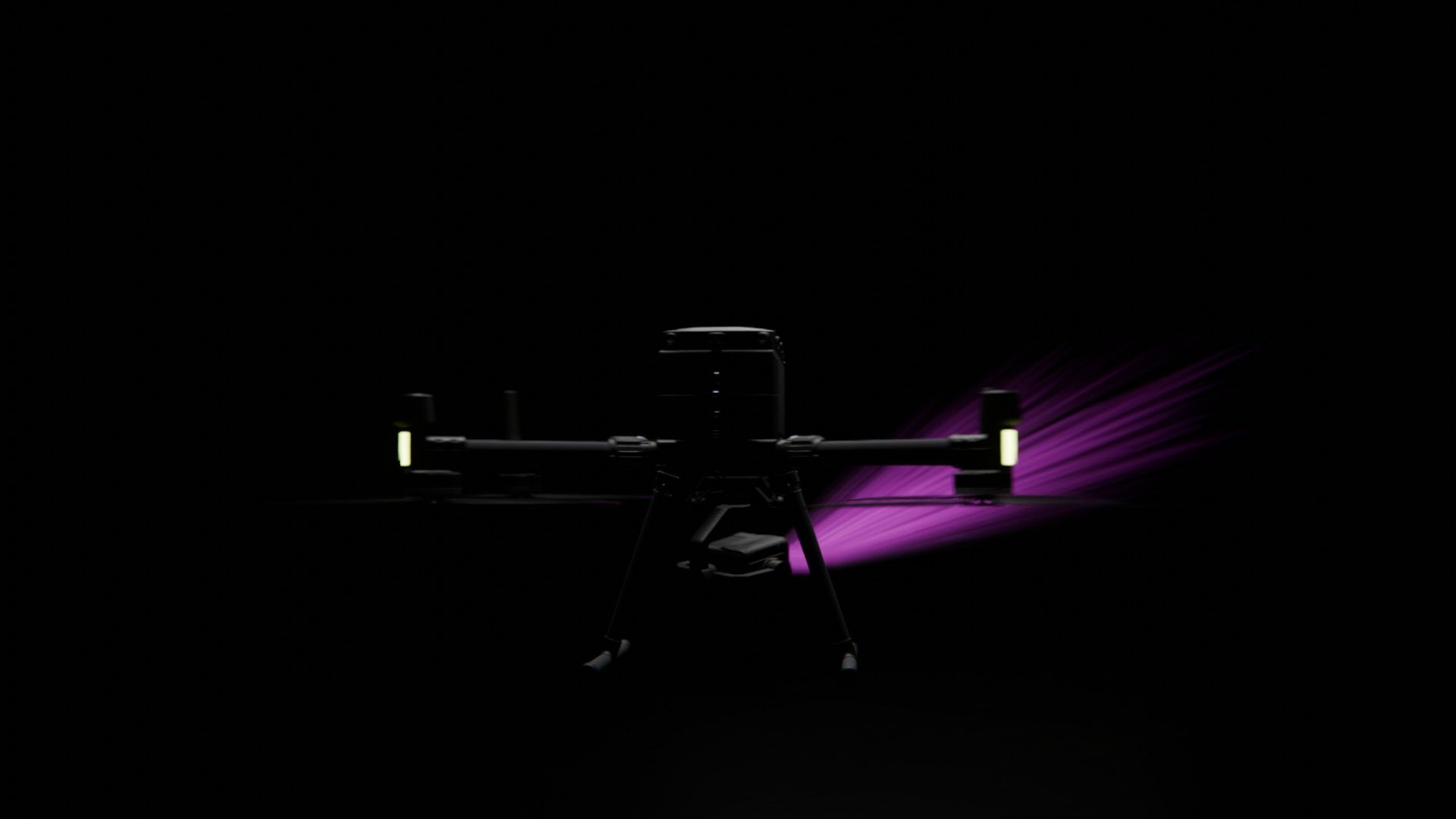 Ein Bild von vielen aus der 360-Grad-Ansicht einer professionellen DJI Enterprise Industrie-Drohne vor schwarzem Hintergrund mit violetter Beleuchtung.