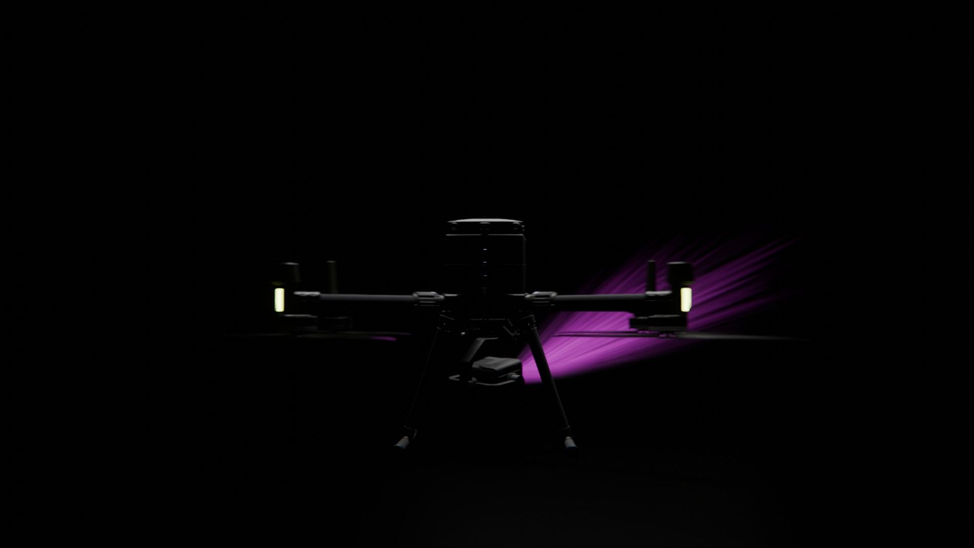 Ein Bild von vielen aus der 360-Grad-Ansicht einer professionellen DJI Enterprise Industrie-Drohne vor schwarzem Hintergrund mit violetter Beleuchtung.