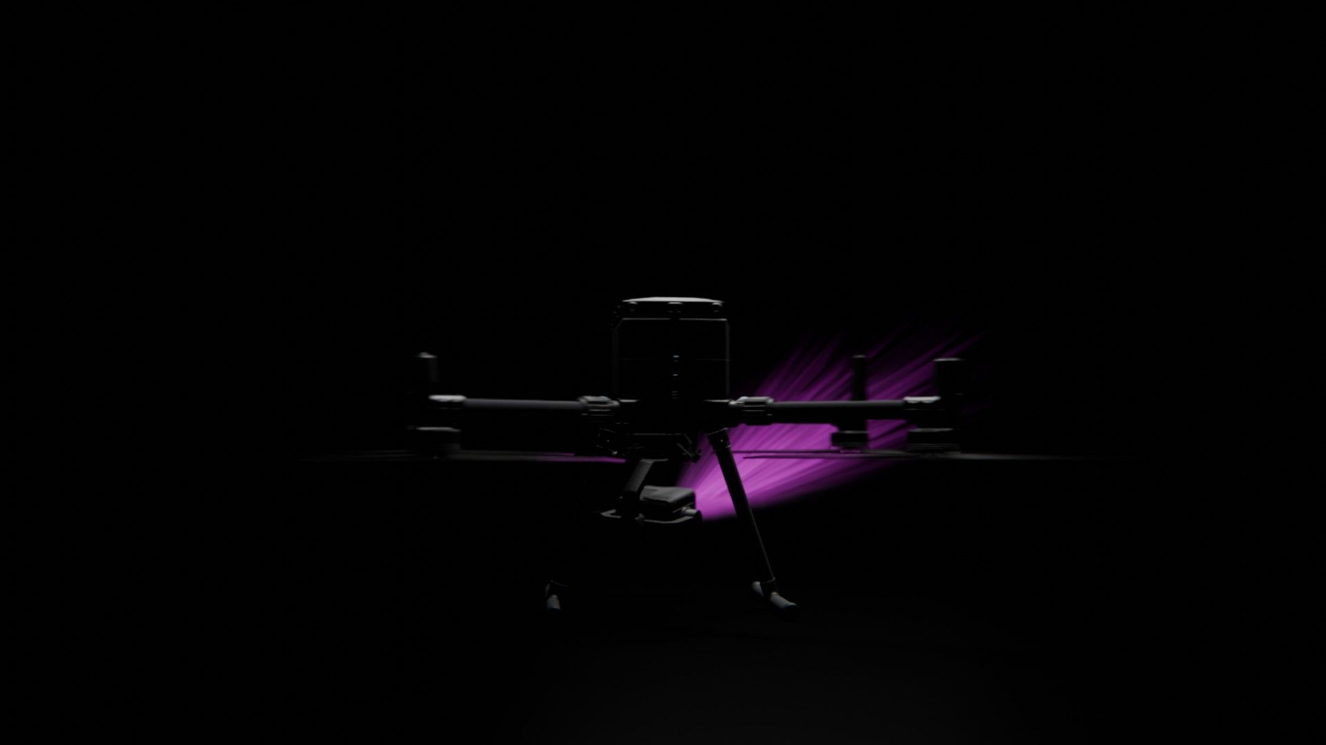 Ein Bild von vielen aus der 360-Grad-Ansicht einer professionellen DJI Enterprise Industrie-Drohne vor schwarzem Hintergrund mit violetter Beleuchtung.