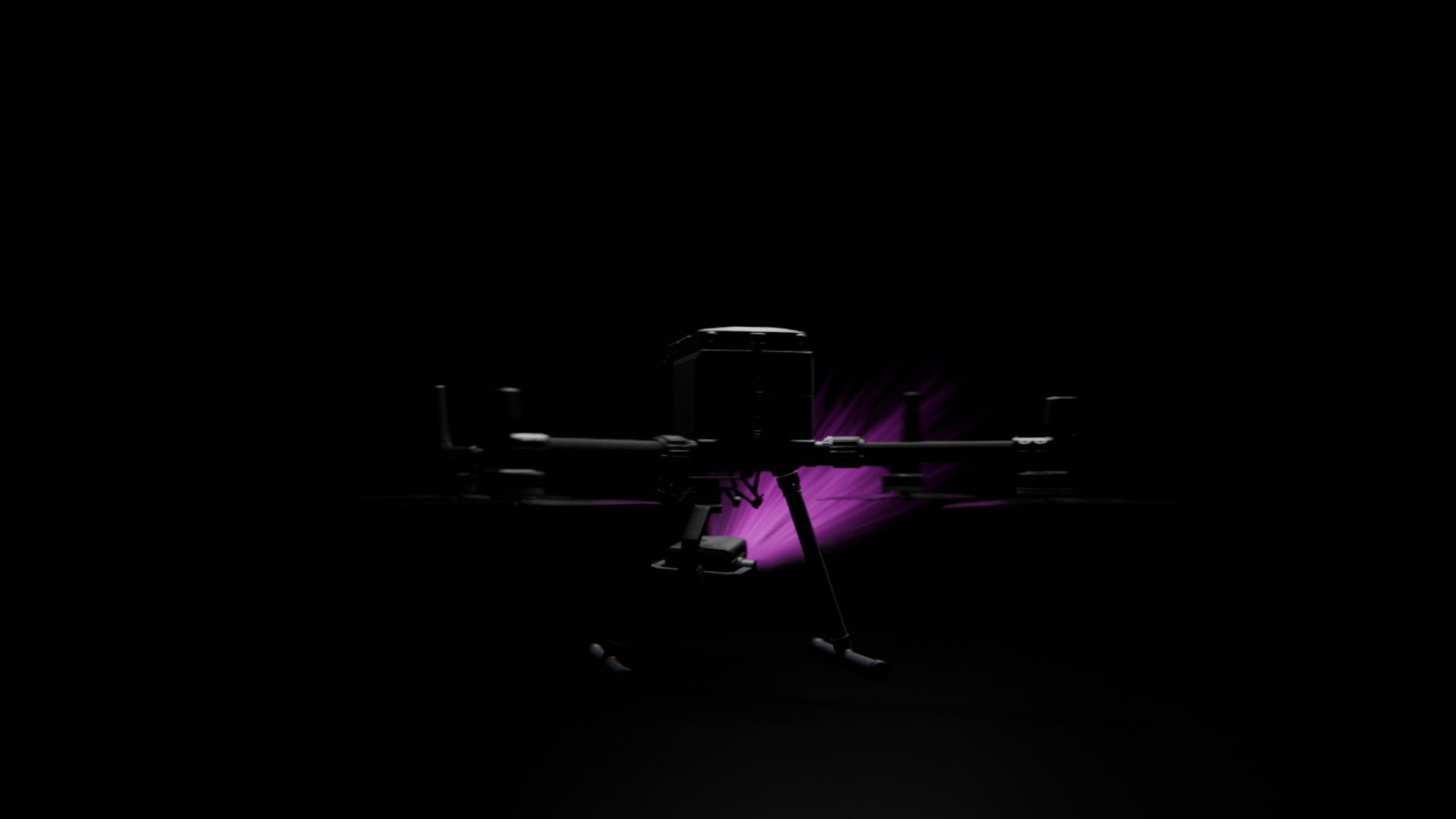 Ein Bild von vielen aus der 360-Grad-Ansicht einer professionellen DJI Enterprise Industrie-Drohne vor schwarzem Hintergrund mit violetter Beleuchtung.